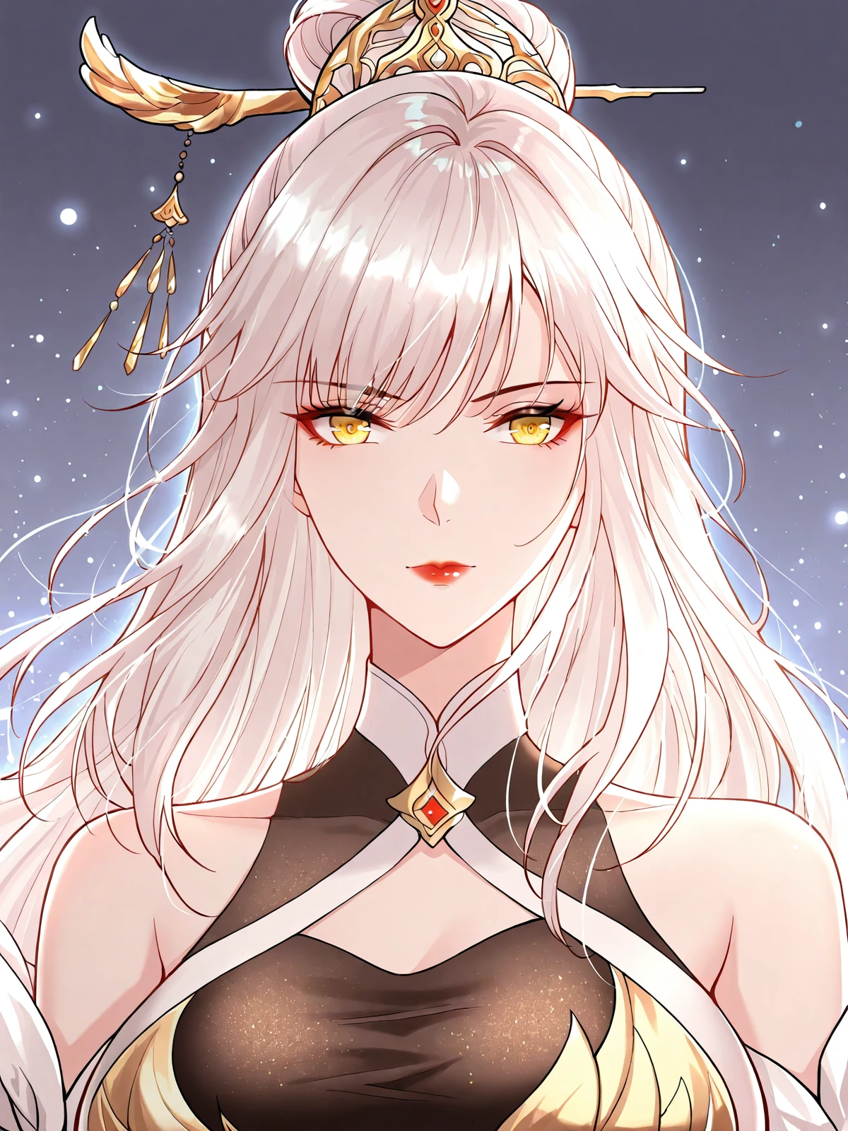 <lora:It_Starts_With_The_Confession_To_The_Beauty_Master__Yue_Yao__Illustrious:1>
1 girl, solo, long hair, white hair, hair bun, side bangs, golden eyes, ornamental hairpin,
chinese outfit, white and black dress, sleeveless top, detached sleeves, high slit skirt, black thigh-high stockings, golden decorations, gold-trimmed fabric, translucent white drape, asymmetric outfit,
masterpiece, best quality, intricate details, gothic fantasy, upper body portrait, dramatic pose, confident gaze, cinematic lighting, clean background, glowing magical particles, detailed face, vibrant colors