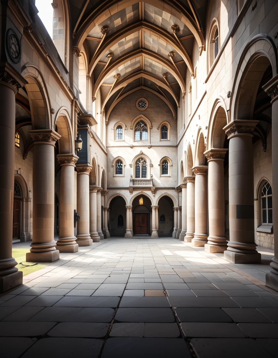 A historical courtyard framed by tall, arched stone arcades with detailed columns and aged masonry. The architecture is reminiscent of a Gothic or medieval European style, with weathered beige and grey stones. The ground is paved with large rectangular stone tiles, slightly uneven and textured with age. Soft natural daylight illuminates the courtyard, casting gentle shadows under the arches. The space feels both grand and enclosed, evoking the atmosphere of an ancient university or magical institution,historical c0urty4rd, <lora:historical_c0urty4rd-p:1>,score_9, score_8_up, score_7_up,amazing quality, ultra realistic, 3D, HD, best quality, amazing quality, very aesthetic, absurdres