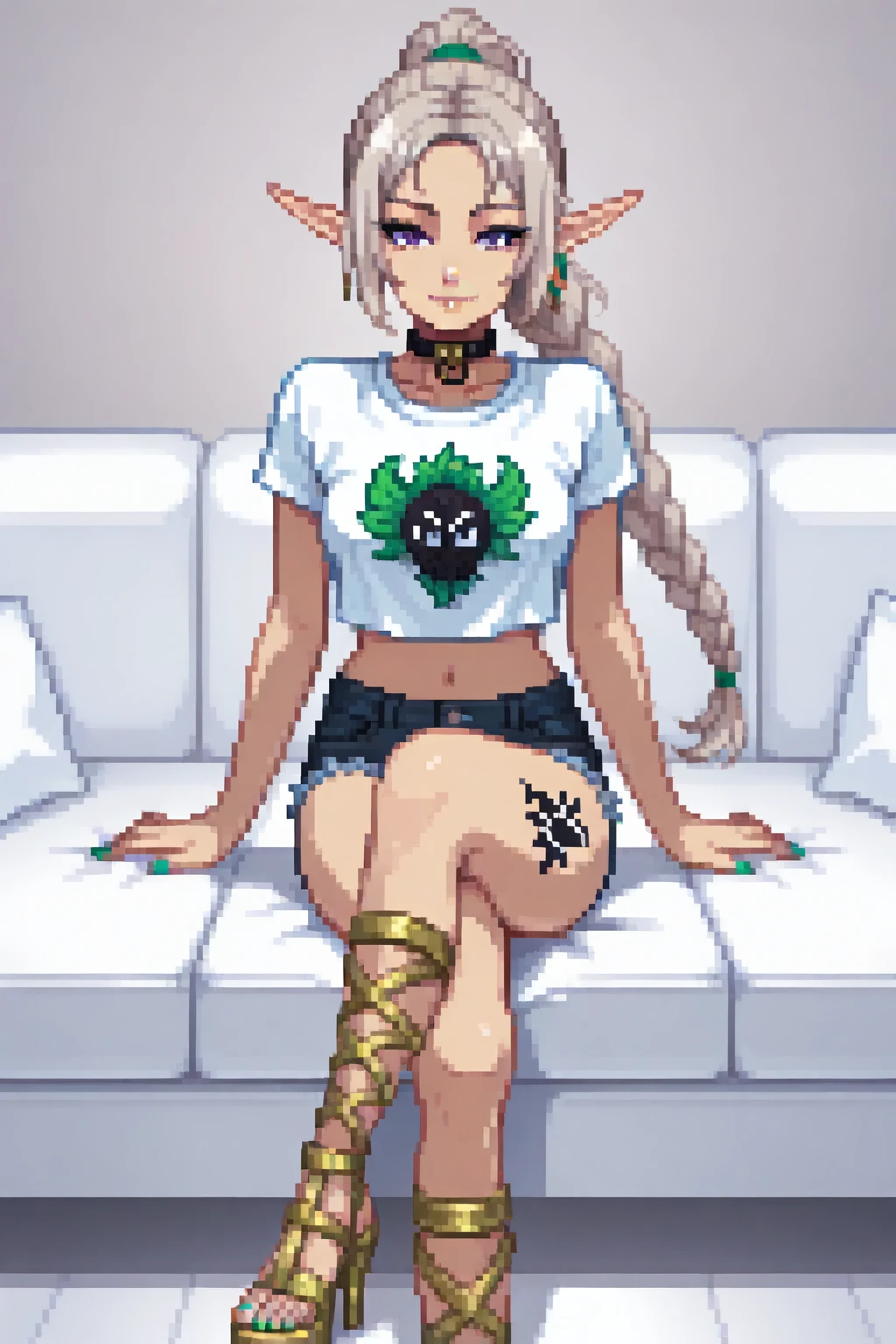 masterpiece, best quality. A full body image of a young beautiful woman. She is Dressed in a t-shirt and jeans, Jean Pants, (Gladiator Heels:1.3), Roman Heels, toes, toenail polish. Confident, Proud, Alluring, Smirk, Dynamic Pose, Sexy Pose, Sitting on a Sofa, Slave Collar. perfect body, sexy, beautiful, Crossed Legs, eyeliner, Nail Polish. Pretty Nose. Anime, Pixel Art. pixelart. Pixel. SNES Graphics. SNES Style. tasteful sensuality, softcore. Sexy High Elf. Elf Ears, Shoulder Long Hair, Platinum Hair, (Tattoos on Thigh:1.2), Tattoos, (Tribal Tattoo:1.05), (Black Tattoo:1.05), Small Breasts, Braided Ponytail, High Ponytail, Violet Eyes,