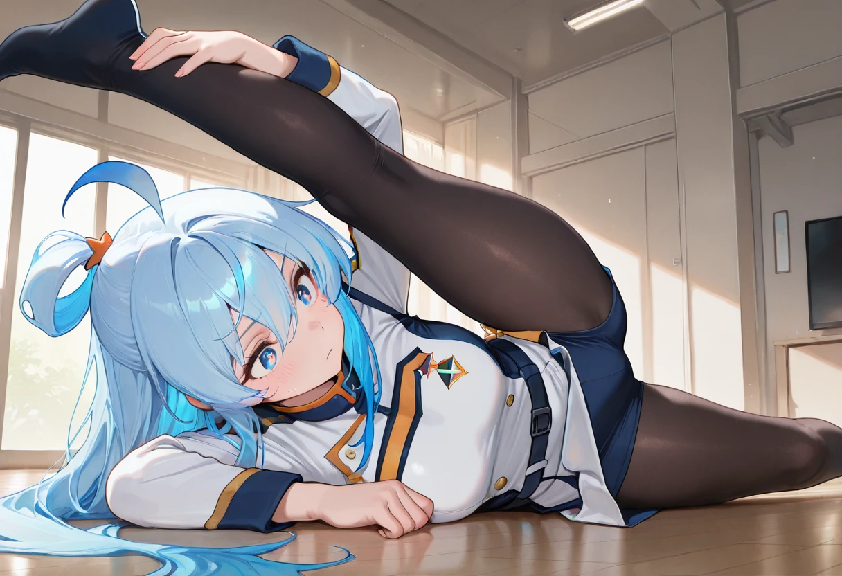 masterpiece, best quality, amazing quality, very aesthetic, absurdres,lying_head_angle,from head,lying split,on side,1girl, blue hair,very long hair,topknot,battle uniform,pantyhose,on woodenfloor,detailed face,detailed eyes, <lora:lying split v1_epoch_8:0.5>