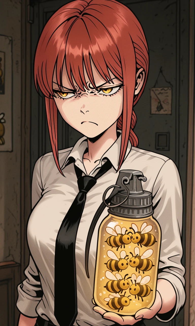 embedding:IllusP0s, f3rn4nd0, makima, annoyed, white shirt, black tie, 1girl, solo, bee grenade jar, holding,<lora:bee grenade jar_illustrious.safetensors:1.0:1.0> <lora:Style_soph-Fernando-ILXL.safetensors:1:1>