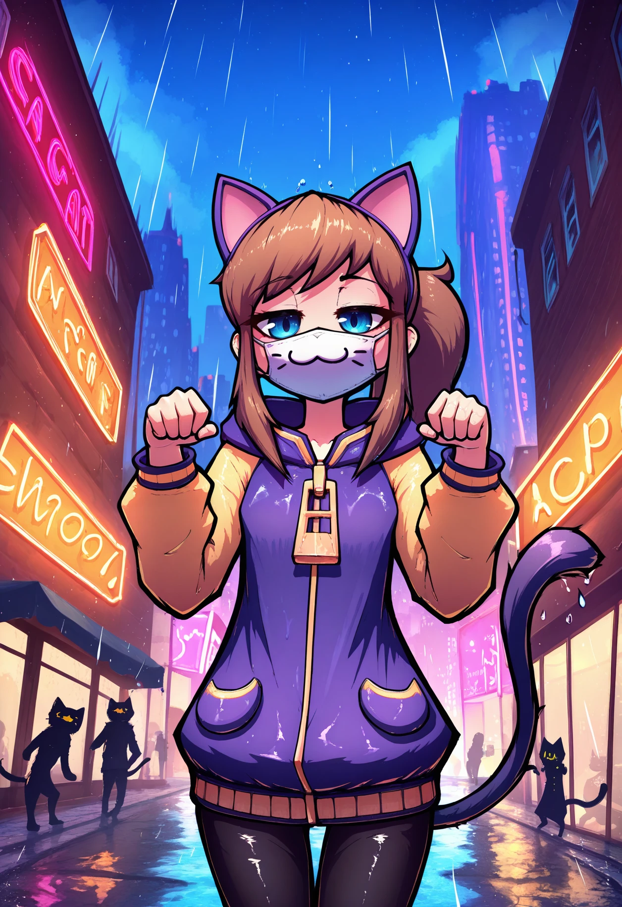 3girls, massive breasts and hips, massive butt, undersized hoodie, undersized shorts, clothes tearing, dressing or undressing, any pose, doing anything, full face blush, fluffy tail, any eye color and pupil, any fur color and pattern, rooftops, hacker, any weapon, armed or unarmed, topless, bottomless