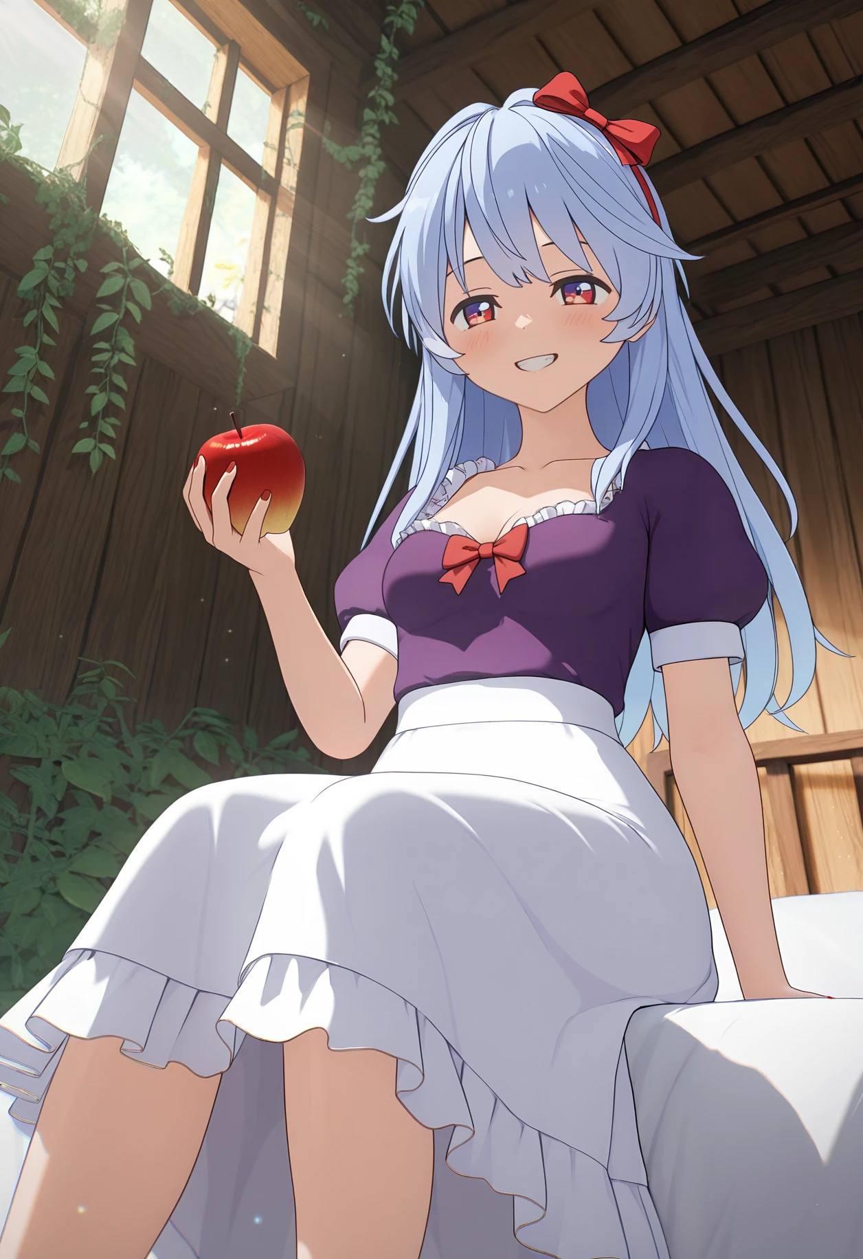 masterpiece,best quality,absurdres,highres,scenery,
rinrin style, 3d,
1girl, solo, sw, light blue hair, long hair, red eyes, small breasts, red nails,
red bow hairband, collarbone, white skirt, purple shirt, frills, puffy short sleeves, cleavage, long dress,
sitting on bed, cabin, indoors, from below, looking at viewer, hand up, holding apple, grin, from below, dutch angle, light rays, light particles, overgrown, vines, plant, leaf,