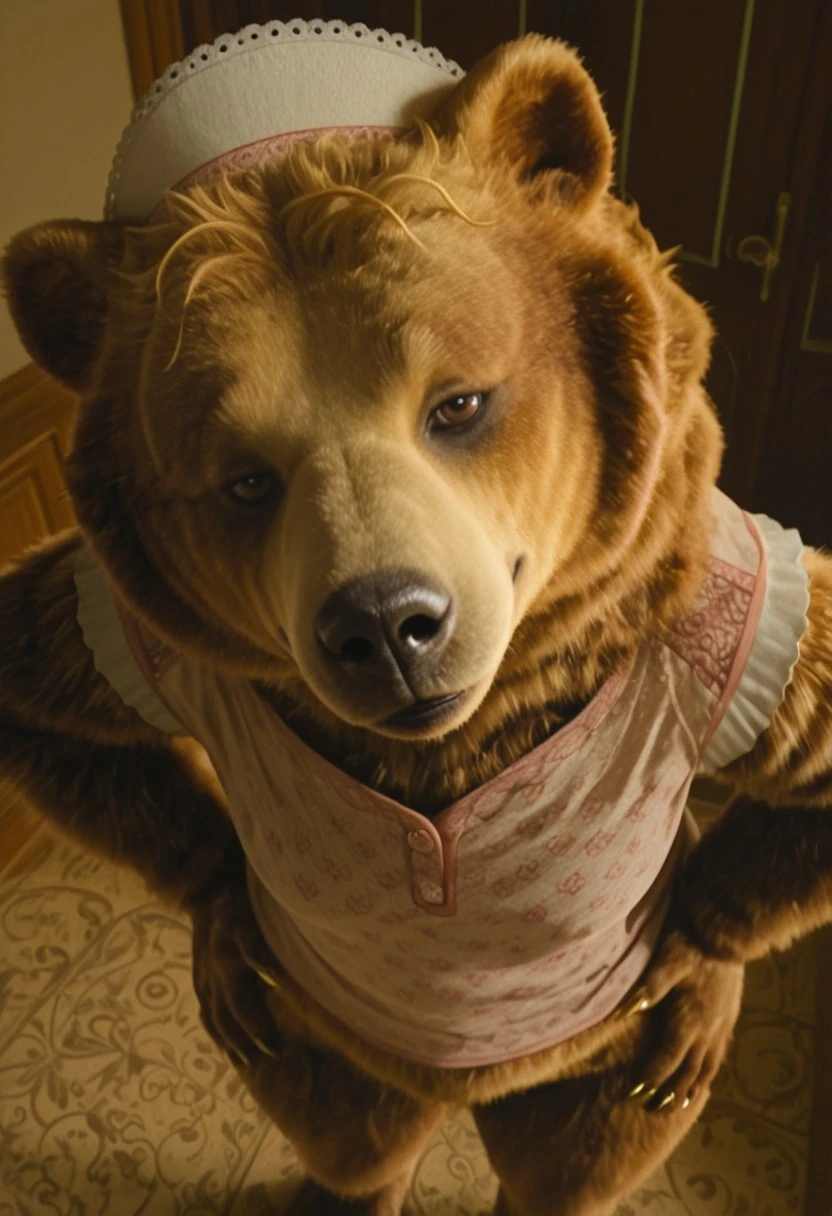 dulcibear_wicked, 1girl, furry, female brown bear, brown and golden fur (light golden fur on face), bear ears, short golden hair, brown eyes, black nose, golden claws, white maid headwear, pink top (small flowers patterns, short white sleeves), bottomless, plump, bulk, flat chest,
score_9_up, score_8_up, score_7_up, BREAK, 1girl, solo, looking at viewer, cute, smirk, from above, hands on hips, head tilt, female focus, ultra detailed, detailed background, sky, masterpiece, best quality, 8k, Expressiveh, realistic, 3d, indoors,