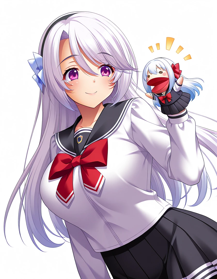 masterpiece, best quality, amazing quality, very aesthetic, high definition, official art, ultra detailed,
1girl, solo, watase_nagisa, purple eyes, eyelashes, hair between eyes, long hair, hairband, white hair, white hair ornament, large breasts BREAK
school uniform, red bow, pantyhose, pleated skirt, black sailor collar, black skirt,
smile, looking at another, standing, hppt,hand puppet, ^ ^, happy aura, simple background, white background, upper body, deep contrast of light and dark, highly detailed <lora:hand_puppet_IL_v1:1> <lora:watase nagisa v1.00-000016:1>