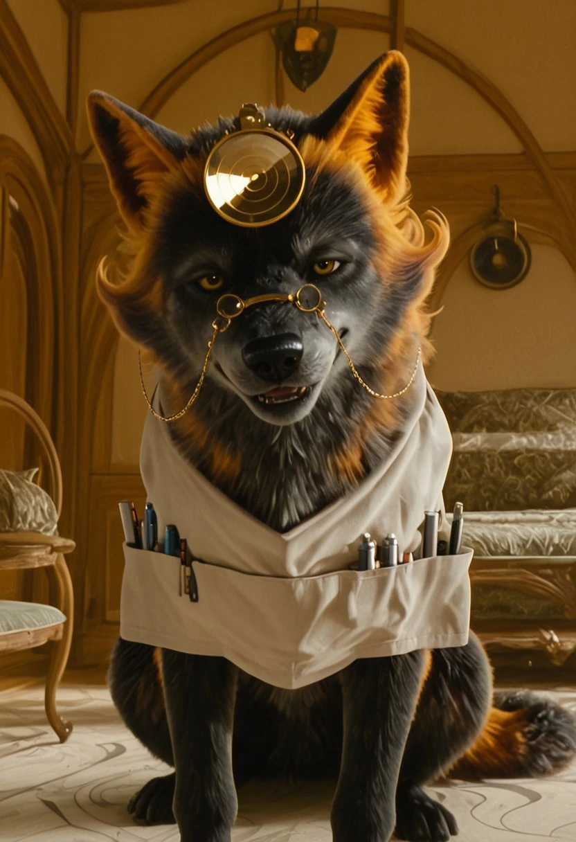 wolfdoc_wicked, 1girl, female black wolf, furry, feral, black and orange fur (white fur around muzzle), orange wolf ears, short orange hair, yellow eyes, black nose, black and orange tail, head mirror, golden glasses (glasses chain), white top (medical equipment on pockets),
score_9_up, score_8_up, score_7_up, looking at viewer, smiling, smug, sitting, female focus, ultra detailed, detailed background, masterpiece, best quality, 8k, Expressiveh, realistic, 3d, full shot, indoors,