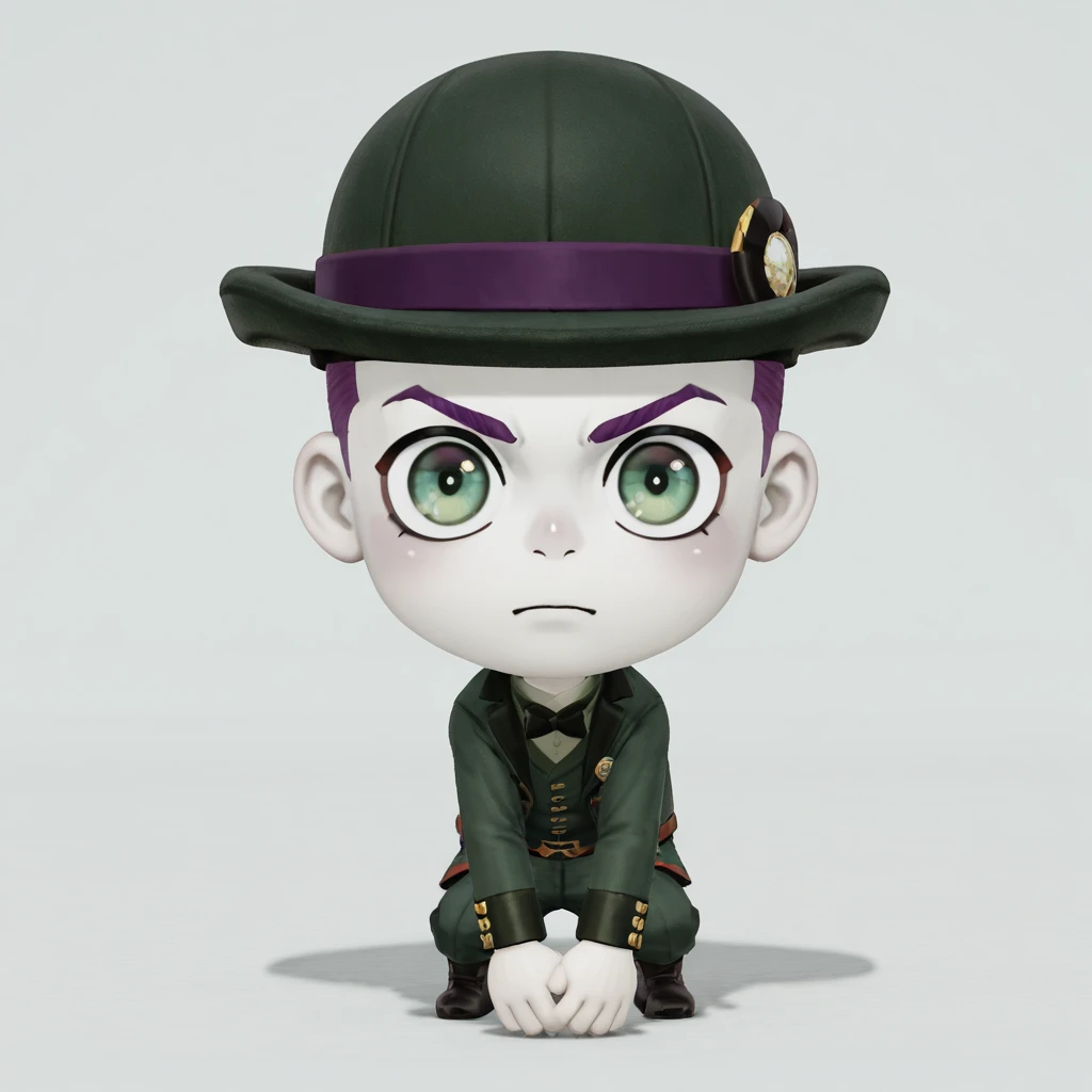 <lora:Miitopia_Miis:1> miitopiamii, 3d, chibi, 1boy, solo, purple hair, dark green clothes, light green eyes, pale skin, bowler_hat, crew_cut, Crouched with hands on the ground