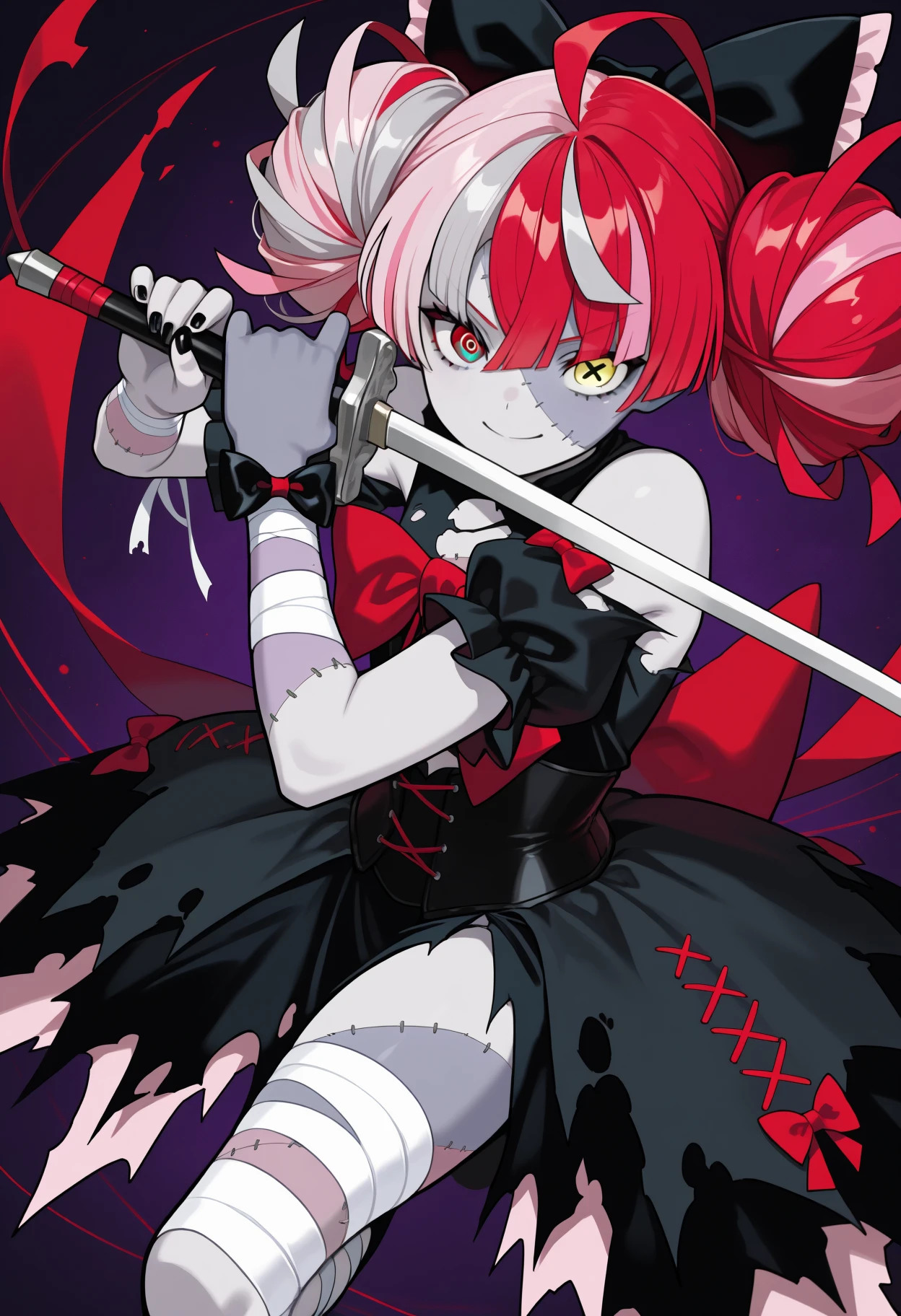masterpiece, best quality, newest, solo, 1girl, kur31ji1st, zombie, two-tone skin, grey skin, patchwork skin, stitches, smile, looking at viewer, fighting stance, holding sword, two-handed, multicolored hair, red hair, pink hair, grey hair, blunt ends, ahoge, double bun, hair bow, black bow, heterochromia, gradient eyes, red eyes, green eyes, yellow eyes, mismatched pupils, diamond-shaped pupils, x-shaped pupils, v-shaped eyebrows, black dress, cross-laced dress, torn dress, red bow, huge bow, puffy short sleeves, wrist bow, black corset, bandaged arm, bandaged leg, black nails, bare shoulders, abstract background
<segment:yolo-Anzhc Face seg 640 v3 y11n.pt,0.4,0.6//cid=11>