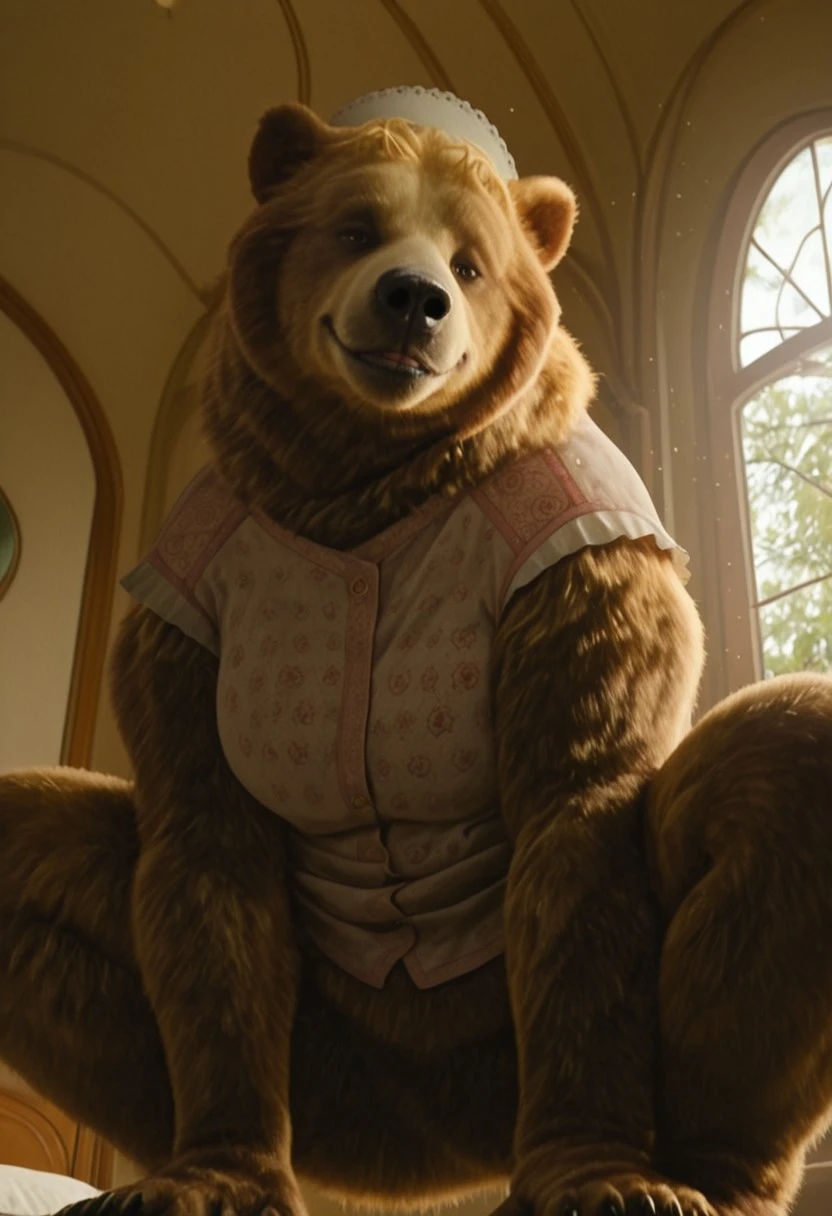 dulcibear_wicked, 1girl, furry, female brown bear, brown and golden fur (light golden fur on face), bear ears, short golden hair, brown eyes, black nose, golden claws, white maid headwear, pink top (small flowers patterns, short white sleeves), bottomless, plump, bulk, flat chest,
score_9_up, score_8_up, score_7_up, BREAK, 1girl, solo, from below, head tilt, horny, biting lips, smirk, squatting, spreading legs, looking at viewer, ultra detailed, detailed background, masterpiece, best quality, 8k, Expressiveh, realistic, 3d, indoors,
