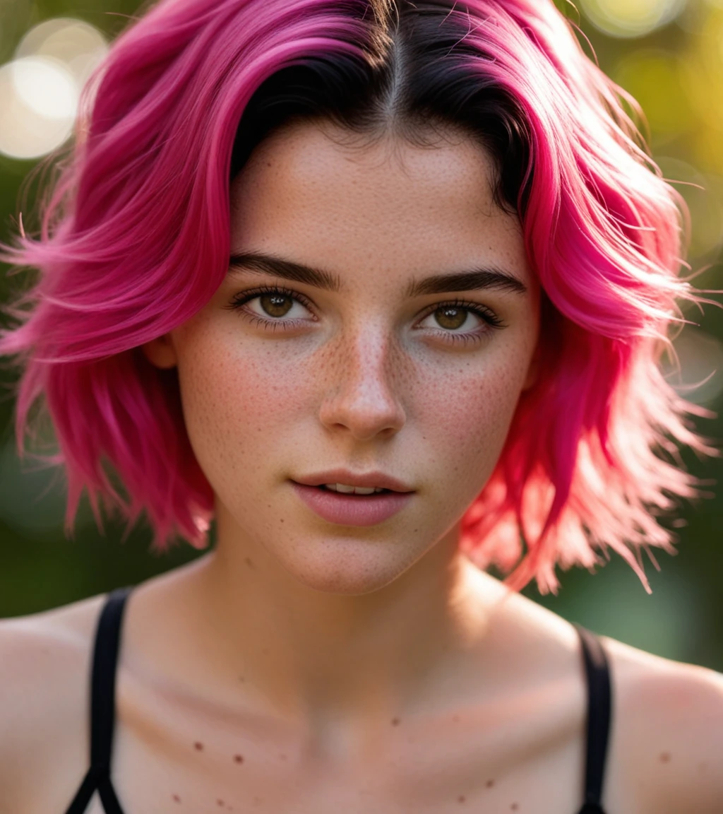 award-winning masterpiece, RAW editorial photo, 1girl, hot pink hair, freckles, 18yo, gorgeous, cute face, cute girl, short fluffy black hair, detailed face, beautiful woman's face, crop top, looking at viewer, ultra realistic, hyper realistic, bokeh background, from above, dynamic composition, engaging narrative, high-quality details, evocative mood, immersive scene, realistic textures, captivating atmosphere