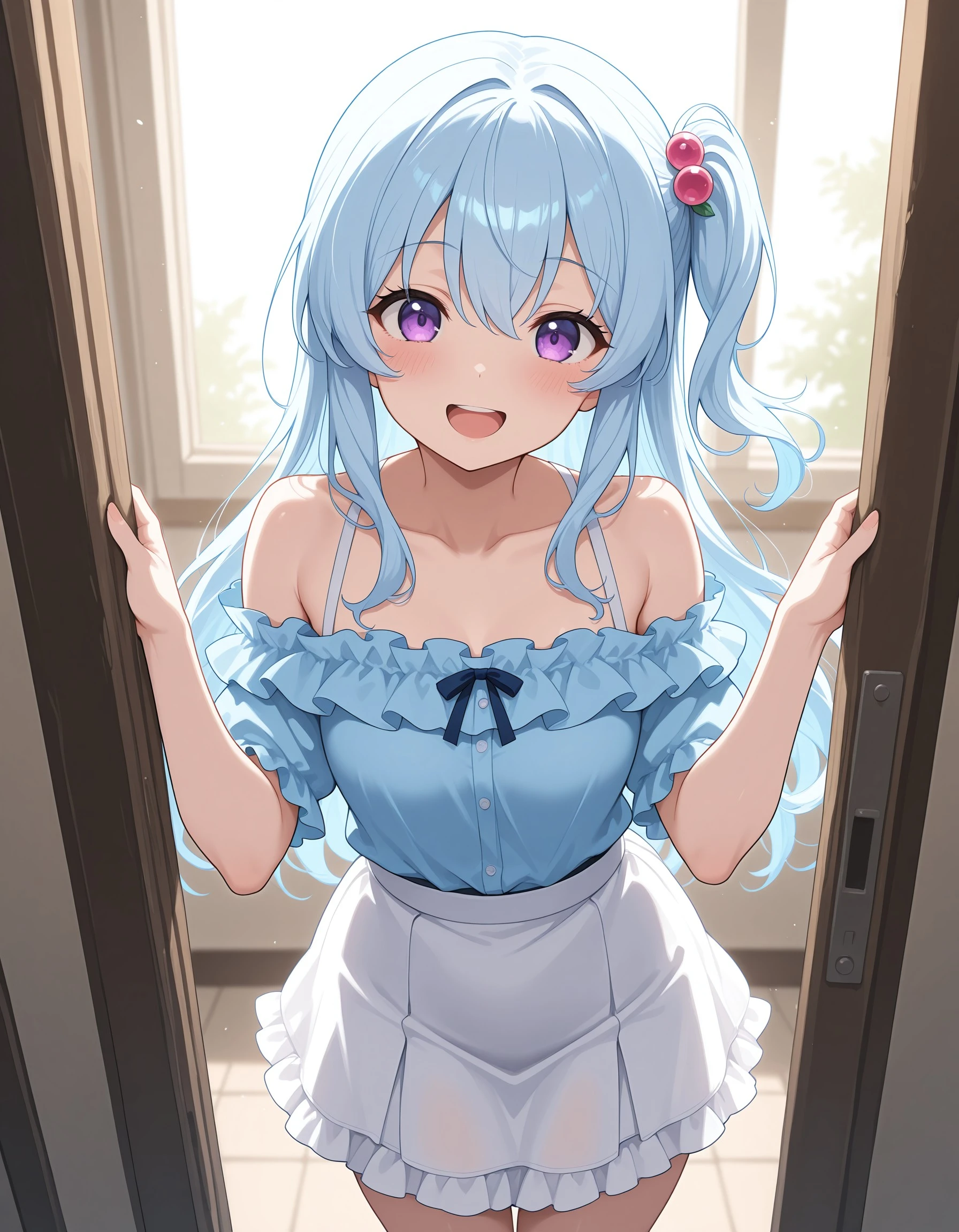masterpiece,best quality,amazing quality,absurdres, light blue hair, purple eyes, long hair, kanonfuee, blue hairlooking at viewer, blush, smile, open mouth, skirt, shirt, hair ornament, shoulders, standing, short sleeves, :d, sidelocks, frills, off shoulder, hands up, one side up, white skirt, blue shirt, frilled shirt, <lora:9a62d4f8-1798-4e51-b906-c8abdeb43115:0.7>