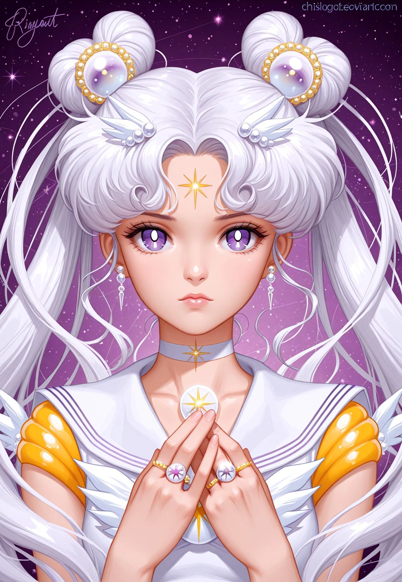 masterpiece, best quality, Sailor Cosmos, 1girl, solo, long hair, looking at viewer, blue eyes, hair ornament, twintails, jewelry, purple eyes, upper body, white hair, earrings, choker, hairclip, signature, sailor collar, hair bun, double bun, watermark, facial mark, magical girl, ring, brooch, web address, white sailor collar, hairpin, forehead mark, white choker, sailor senshi uniform
