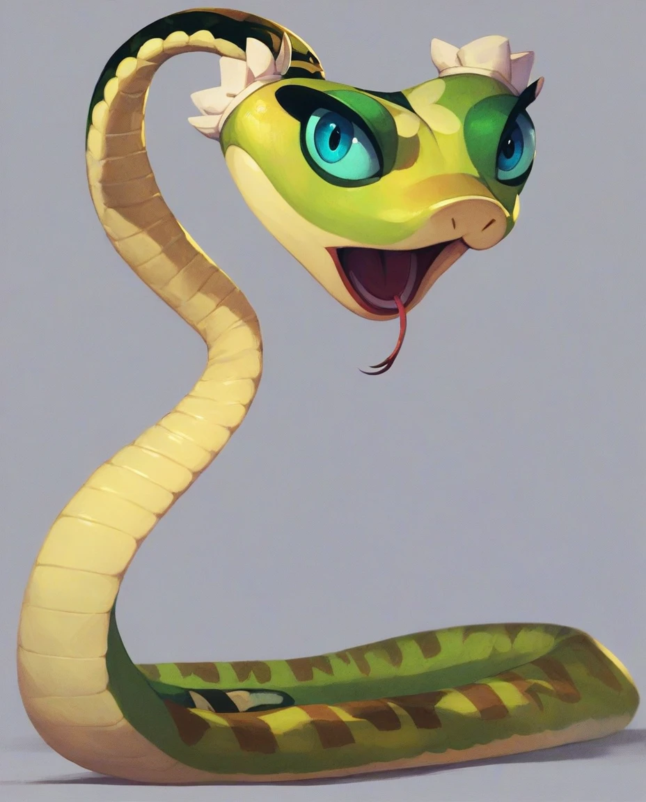 Masterpiece,Best Quality,master viper,snake,grass,full body,feral,solo,headdress,open mouth,perfection detail,extreme detail,solo,green body,simple background,<lora:aki:1>,score_9,score_8_up,score_7_up,score_6_up,