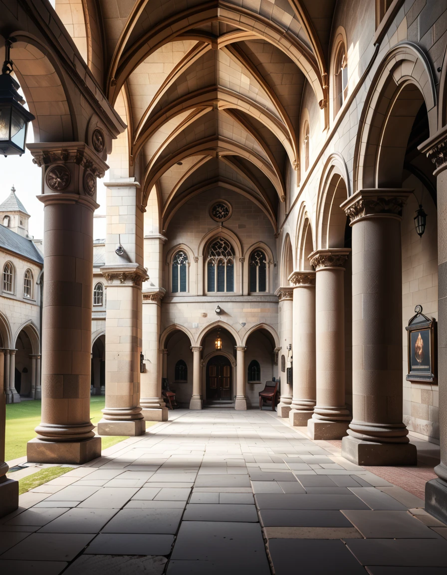 A historical courtyard framed by tall, arched stone arcades with detailed columns and aged masonry. The architecture is reminiscent of a Gothic or medieval European style, with weathered beige and grey stones. The ground is paved with large rectangular stone tiles, slightly uneven and textured with age. Soft natural daylight illuminates the courtyard, casting gentle shadows under the arches. The space feels both grand and enclosed, evoking the atmosphere of an ancient university or magical institution,historical c0urty4rd, <lora:historical_c0urty4rd-p:1>,score_9, score_8_up, score_7_up,amazing quality, ultra realistic, 3D, HD, best quality, amazing quality, very aesthetic, absurdres