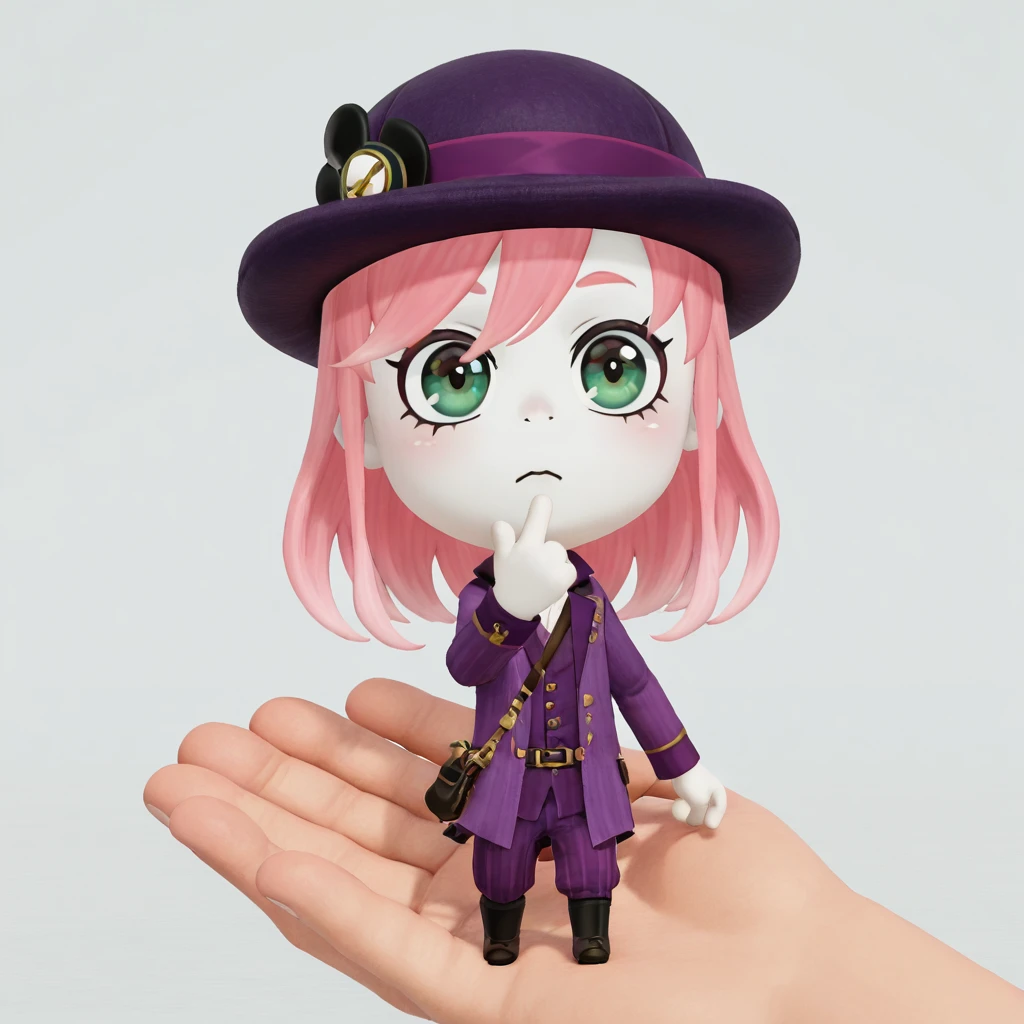 <lora:Miitopia_Miis:1> miitopiamii, 3d, chibi, 1boy, solo,  pink hair,  purple clothes,  green eyes, pale skin,  bowler_hat, aqua_hair,  Holding an object with both hands, inspecting