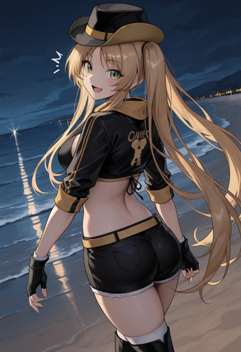 (masterpiece, best quality:1.2),illustration,8k,hd,1girl,solo,upper body,(portrait:1.2),hornet (azur lane),belt,bikini top,black bikini top,black hat,black legwear,black ribbon,black shorts,blonde hair,cleavage,clothes writing,cowboy hat,cutoffs,eyebrows,flight deck,front-tie bikini,front-tie top,green eyes,grey footwear,grin,groin,hair tie,hat,long hair,long sleeves,medium breasts,midriff,navel,number,over-kneehighs,ribbon,short shorts,shorts,sidelocks,sleeves past wrists,smile,stomach,teeth,twintails,yellow belt,zettai ryouiki,<lora:Hornet(azur)>,