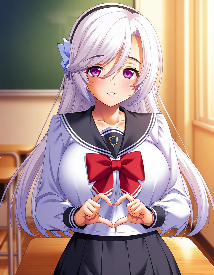 masterpiece, best quality, amazing quality, very aesthetic, high definition, official art, ultra detailed,
1girl, solo, watase_nagisa, purple eyes, long hair, hairband, white hair, , hair between eyes, white hair ornament, large breasts BREAK
school uniform, sailor collar, black sailor collar, red bow, pantyhose, pleated skirt, black skirt, blush, smile, parted lips, looking at viewer, standing, pinup, heart hands, in classroom, sharp focus, depth of field, highly detailed<lora:watase nagisa v1.00-000016:1>
