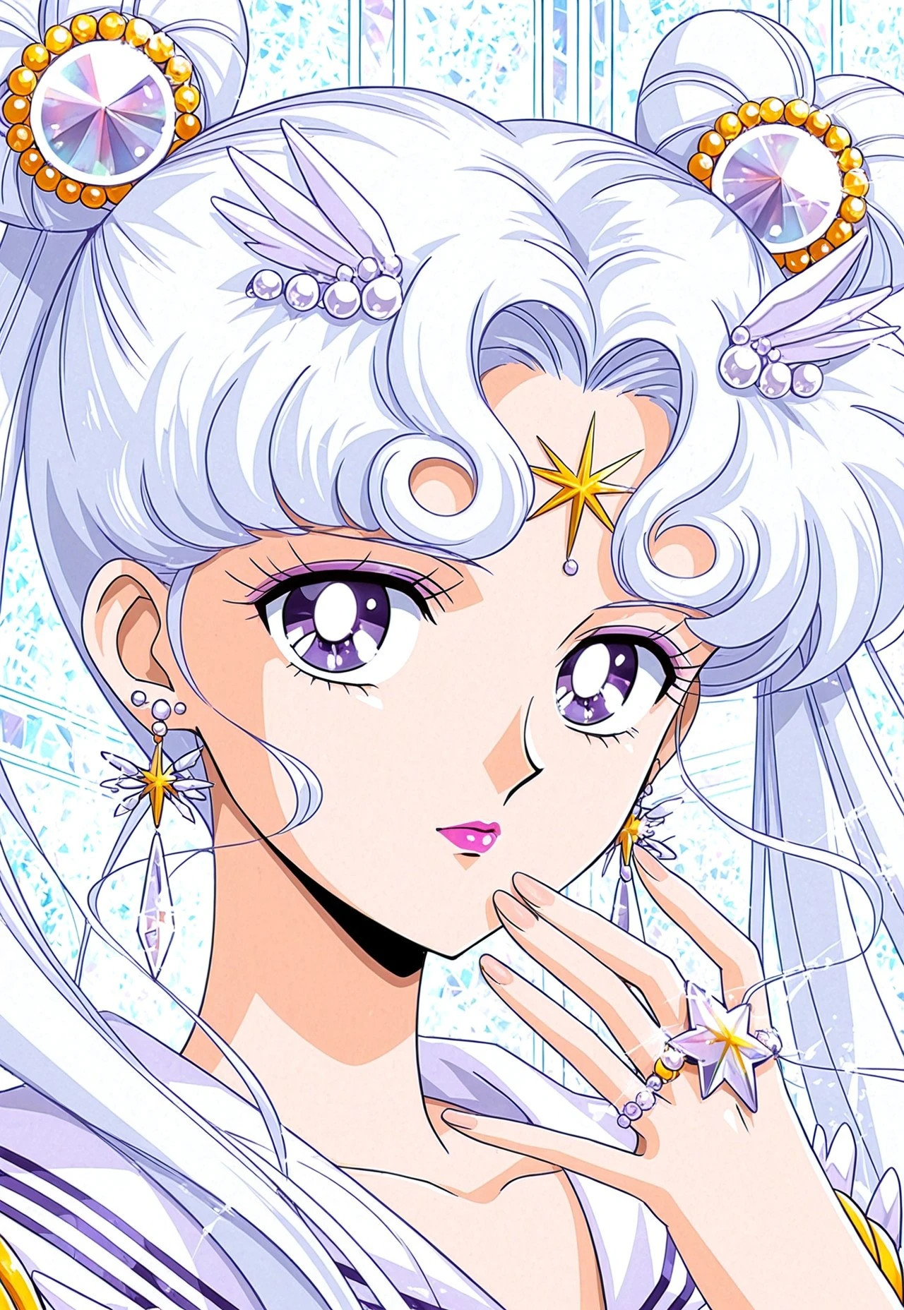masterpiece, best quality, Sailor Cosmos, 1girl, solo, jewelry, long hair, earrings, purple eyes, twintails, hair bun, white background, makeup, lipstick, portrait, white hair, crystal, looking at viewer, gem, double bun, sailor senshi uniform, magical girl, indoors, brooch, official style, ring, hairpin, looking at viewer, portrait, star (symbol)