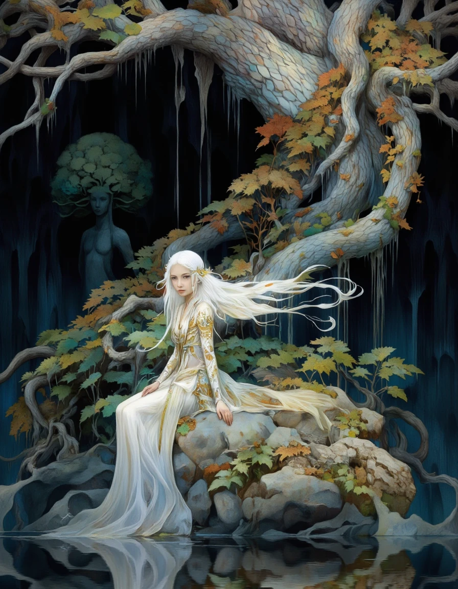 Art by Vvika. A digital illustration shoot from the side about a mystical scene featuring a serene woman with long, flowing white hair and intricate patterns, seated on a rock in the middle of the image. the woman, who appears to be in her early twenties, has a calm, serene expression on her face. she is wearing a flowing, light-colored dress with intricate patterns and delicate details, and her hair is adorned with a hair ornament. her body is slim and delicate, and she is facing the viewer. the background features a dark, mystical forest with a large, twisted tree and a smaller, humanoid figure with a neutral expression. the scene is further enhanced by the soft, ethereal lighting, which casts gentle shadows and highlights on the woman's delicate features and the surrounding foliage. the water is still and reflects the surrounding elements, creating a tranquil atmosphere. the overall style is reminiscent of fantasy art, with intricate details and vibrant colors that bring the scene to life. a watermark is visible in the bottom right corner, adding a touch of authenticity to the artwork.