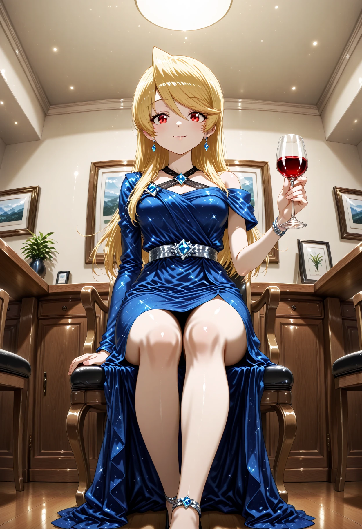 masterpiece, best quality, amazing quality, 1girl, solo, makeup, perspective, general, looking at viewer, dynamic angle, cowboy shot, smile, indoors, restaurant, (sit on chair), day, holding wine glass, fancy, blush, lovely, posing, looking at viewer, <lora:BrightBeauty_Akemi:1>, BrightBeauty_Akemi, long hair, blonde hair, red eyes, breasts, hair between eyes, swept bangs, <lora:Nebulas_Embrace_Dress:1>, Nebulas_Embrace_Dress, dress, blue dress, long dress, starry sky print, evening gown, halterneck, jewelry, gem, blue gemstone, bare shoulders, single bare shoulder, asymmetrical sleeves, side slit, bracelet, earrings, anklet, bare legs, black footwear, high heels, <lora:wai-Rectified-s:1>, <lora:prompt_extend:1>