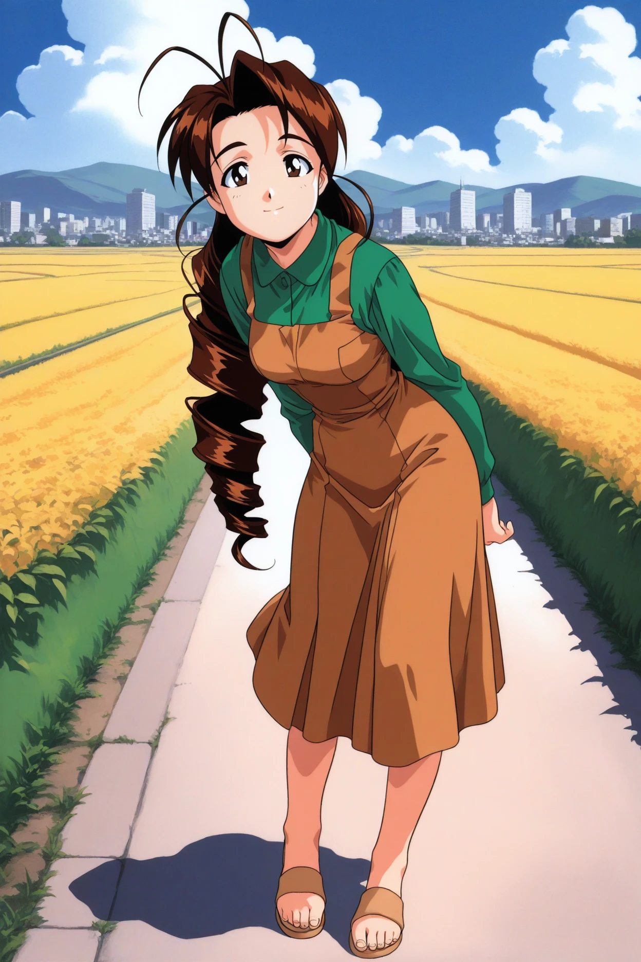 masterpiece, best quality, 1girl, solo, <lora:otohimemutsumi-illu-nvwls-v1:1> otmsm, brown hair, very long hair, drill hair, antenna hair, brown eyes, pinafore dress, brown dress, green shirt, long sleeves, 1990s \(style\), blue sky, road, clouds, field, city, looking at viewer, happy, leaning forward, full body, sandals