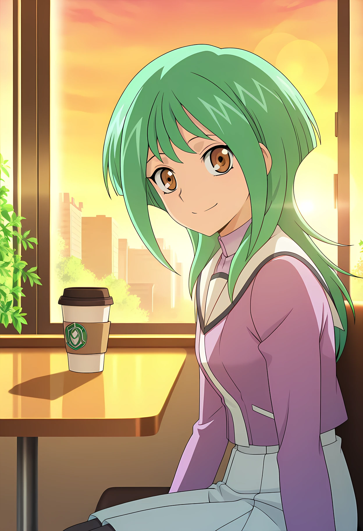masterpiece,best quality,amazing quality,
solo, face focus,
Tokoha Anjou (Cardfight Vanguard), long hair, green hair, brown eyes,
school uniform, serafuku, purple shirt, white sailor collar, long sleeves, white skirt, black pantyhose,
Looking at viewer, big smile, from side,
cinematic, upper body, coffee cup,
Sit, sitting, glass, sci-fi city, cafe, greenery,
afternoon, sunset,
Lens flare, bloom, detailed shadow,
Official style, anime screencap, anime coloring,