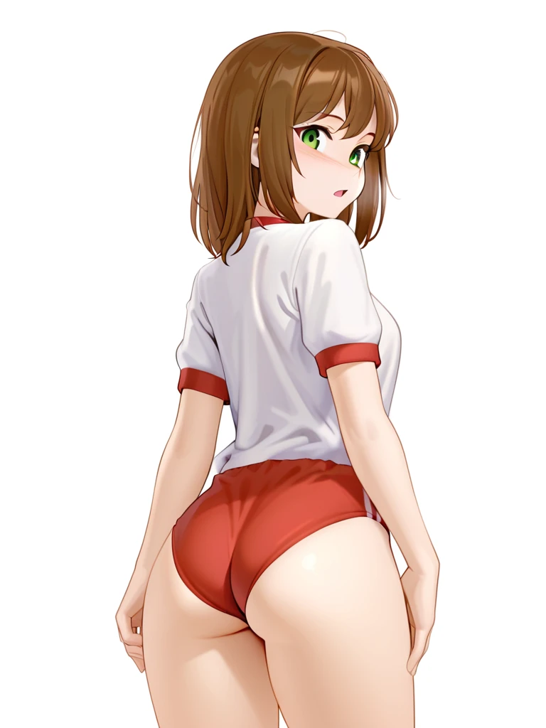 18 year old girl, large eyes, big eyelashes, thin eyebrows, half full cheeks, thick lips, brown and curly hair, Brazilian football shirt with the number 10 dorsal, showing the ass, pink panties, long white socks
