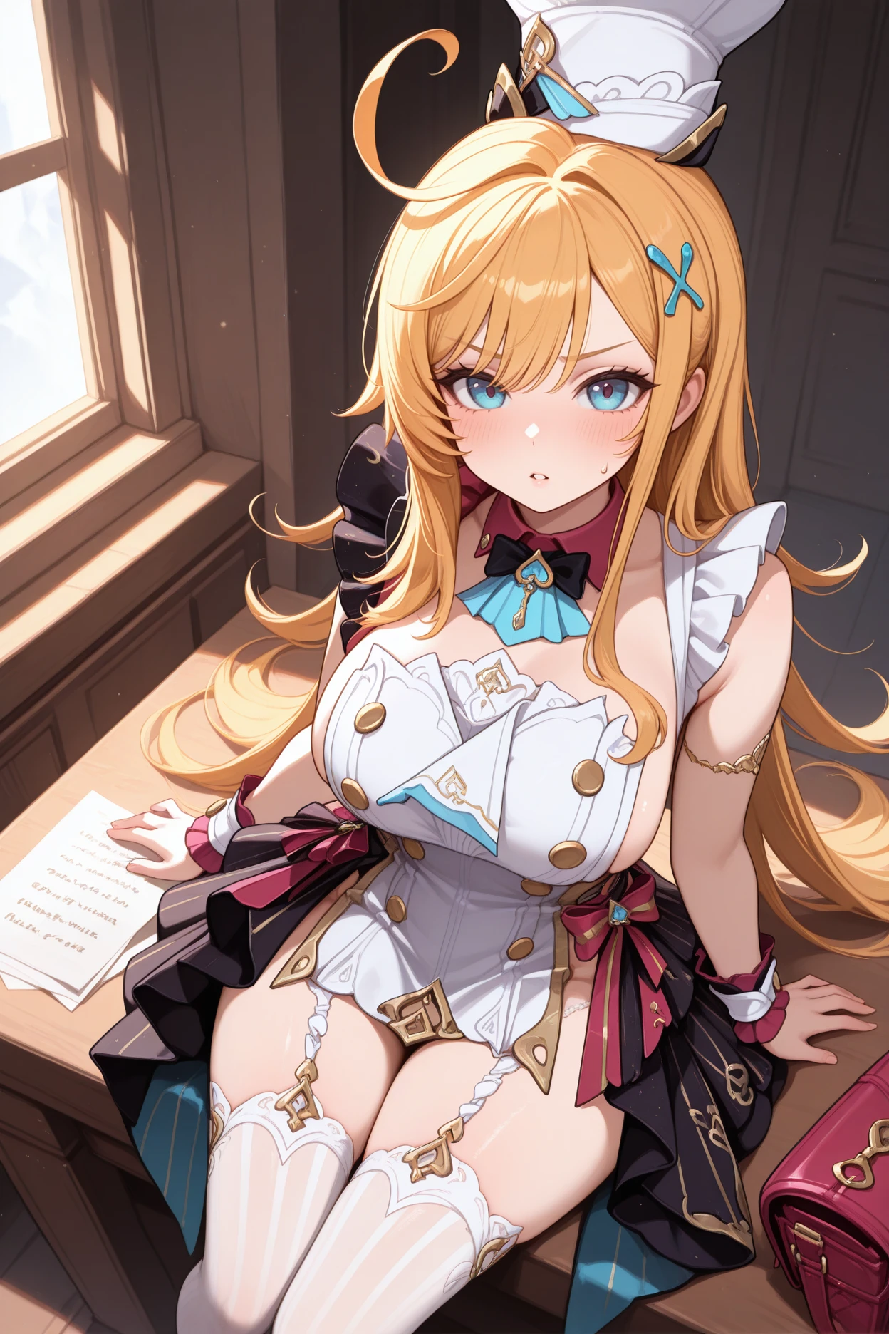 masterpiece, best quality, 1girl, solo, <lora:escoffier-illu-nvwls-v1-000007:1> gsesc, blonde hair, long hair, ahoge, blue eyes, white hat, hair ornament, black bowtie, white dress, double-breasted, frilled dress, sleeveless dress, gold buttons, wrist cuffs, black overskirt, garter straps, white thighhighs, sitting on table, sideboob, large breasts, looking at viewer, from above, parted lips, blush, sweatdrop, indoors, blue ascot, bag of flour