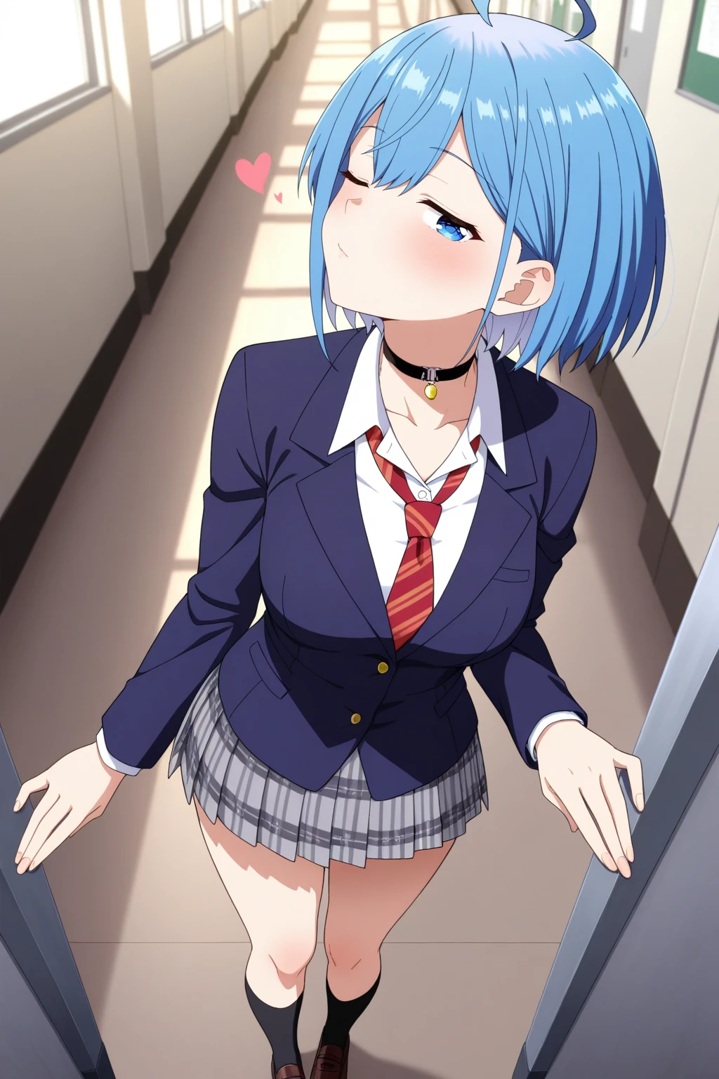 masterpiece, best quality, amazing quality, very aesthetic, absurdres, ultra detailed,
<lora:il_contrast_slider_d1 (ЦÐÐТ ÐÐРТÐÐÐÐ):-0.8>
<lora:Himari Inuzuka:0.8> himari_inuzuka, 1girl,
blue eyes,short hair,ahoge,choker,gray skirt,black socks,plaid skirt,striped necktie,white shirt,red necktie,pleated skirt,loafers,black choker,blue jacket, \ndetailed eyes, one eyes closed,\nblowing kiss, looking at viewer, heart, tilt head,\ndetailed background, schools corridor, dynamic shot,