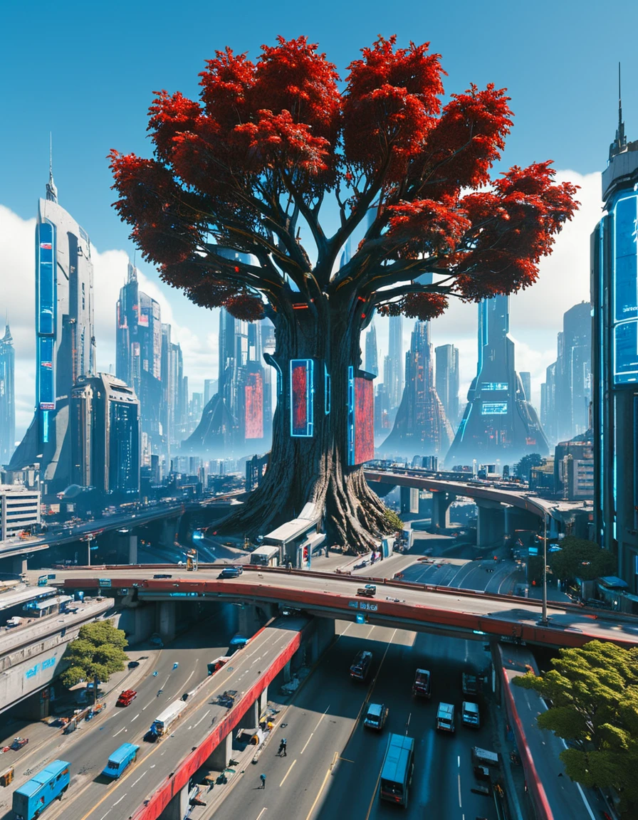 <lora:City_Worlds_01_Effects_xlc:1> photo, citybkg,phot17, cyberpunk traffic, SE14, phot12, very far side view, impressive, low wall, huge tree, buildings under highway, futuristic, blue, shop, ground view, flying over cyberpunk metropolis, far above view, gold, red war paint,