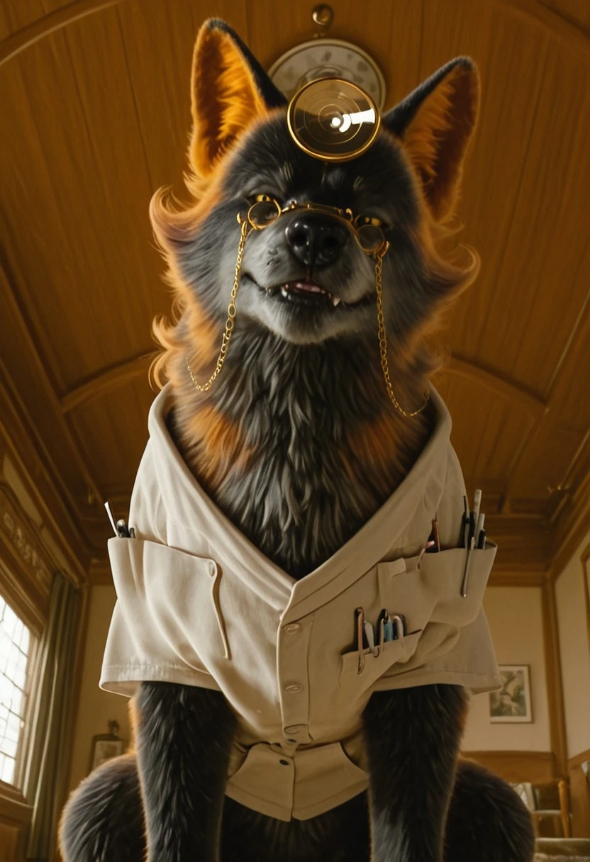wolfdoc_wicked, 1girl, female black wolf, furry, feral, black and orange fur (white fur around muzzle), orange wolf ears, short orange hair, yellow eyes, black nose, black and orange tail, head mirror, golden glasses (glasses chain), white top (medical equipment on pockets),
score_9_up, score_8_up, score_7_up, BREAK, 1girl, solo, looking at viewer, cute, smirk, from below, head tilt, female focus, ultra detailed, detailed background, masterpiece, best quality, 8k, Expressiveh, realistic, 3d, indoors,