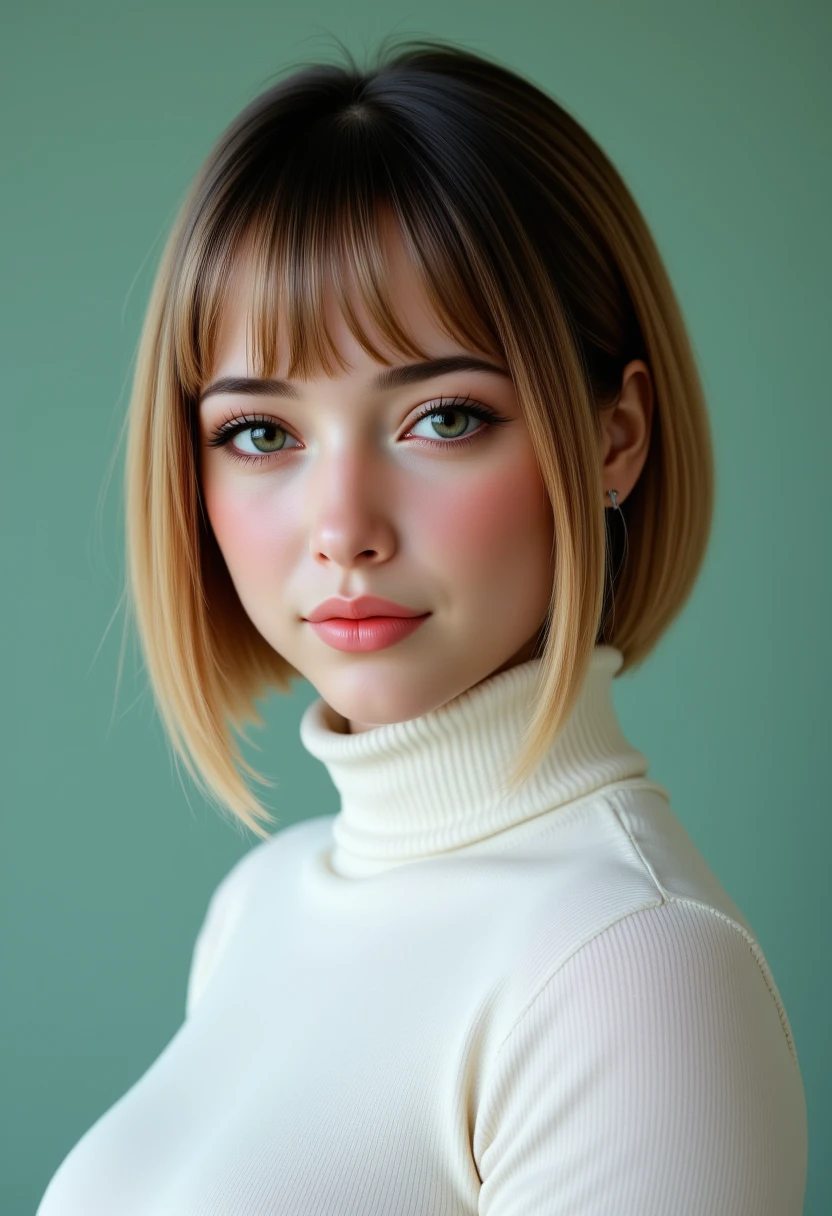 Headshots,a digital painting of a beautiful woman,Hyperrealistic, she is smiling, dynamic angles, multiple angles, photoshoot poses; A photo of Annika 161 pro series, a woman with Short hair,, she has massive breasts, a beautiful girl,she is wearing a white turtleneck sweater.she has massive breasts, she has piercing eyes. a dynamic pose and a sense of action. simple green background, and the lighting is soft, creating a dramatic effect, creating a focused and dynamic pose.; the scene is set in a beautiful well-lit environment, with a sense of action and adventure. Style: realistic hyper-detailed rendering, 32k UHD, expressive eyes, punk, graphic design, girl's face, pretty and cute, gleaming lips, telling a tale of adventure. Exuding confidence and serenity. The overall mood of the image is happy and relaxed, detailed skin texture,(blush:0.2),(goosebumps:0.3), subsurface scattering,with a playful and whimsical tone,aidmafluxpro1.1, perfection style,,retro50s_style,