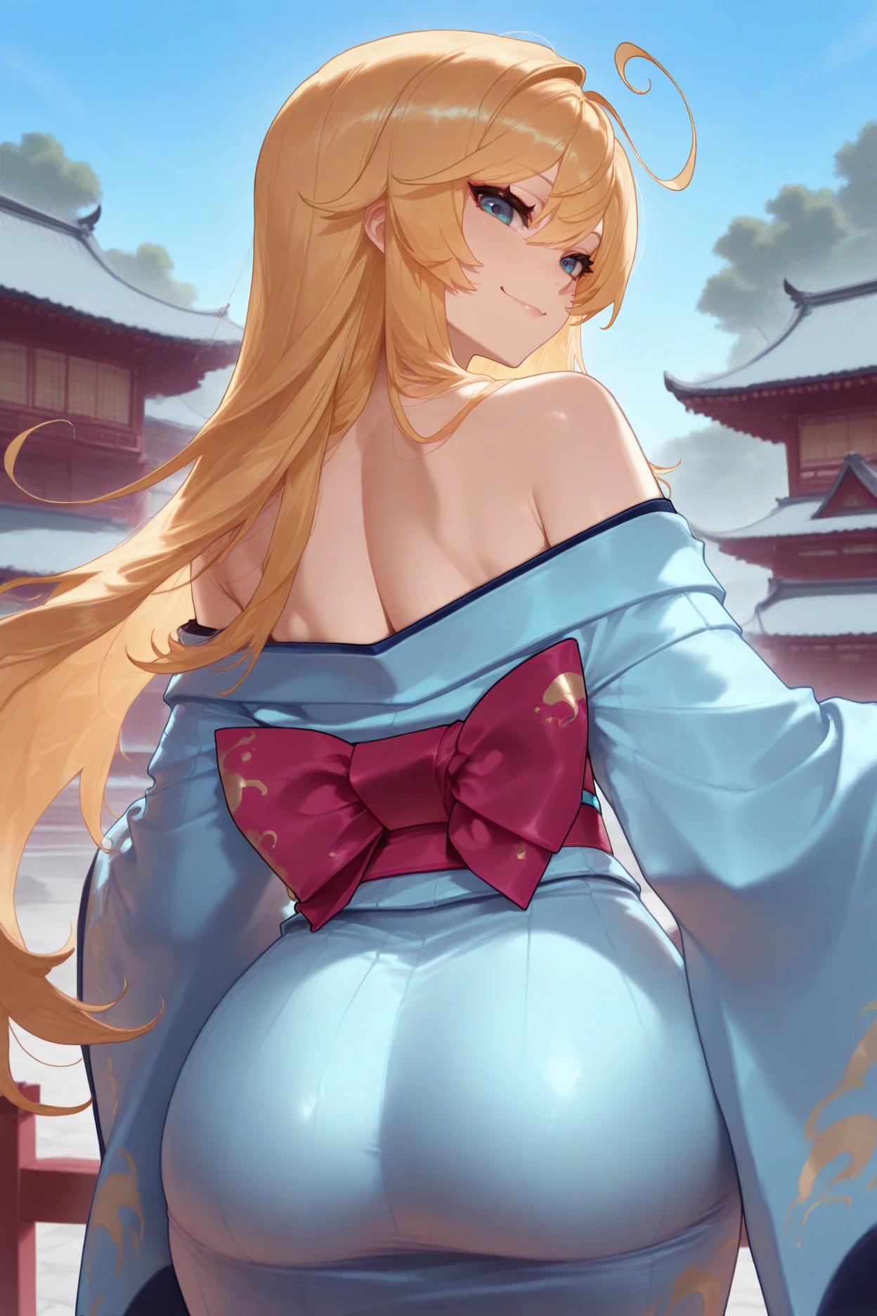 Highest quality, masterpiece, High resolution, detailed, Digital Art, Minerva VG, blue eyes, Blonde, Non-traditional Shrine Maiden, owl, nsfw, blush, perfect female body, from behind, just buttocks, topless, bottomless, sleeveless, justlegs, justarms, bathing in a lake, big lake, naked, complety nude(1.1), just, sky,