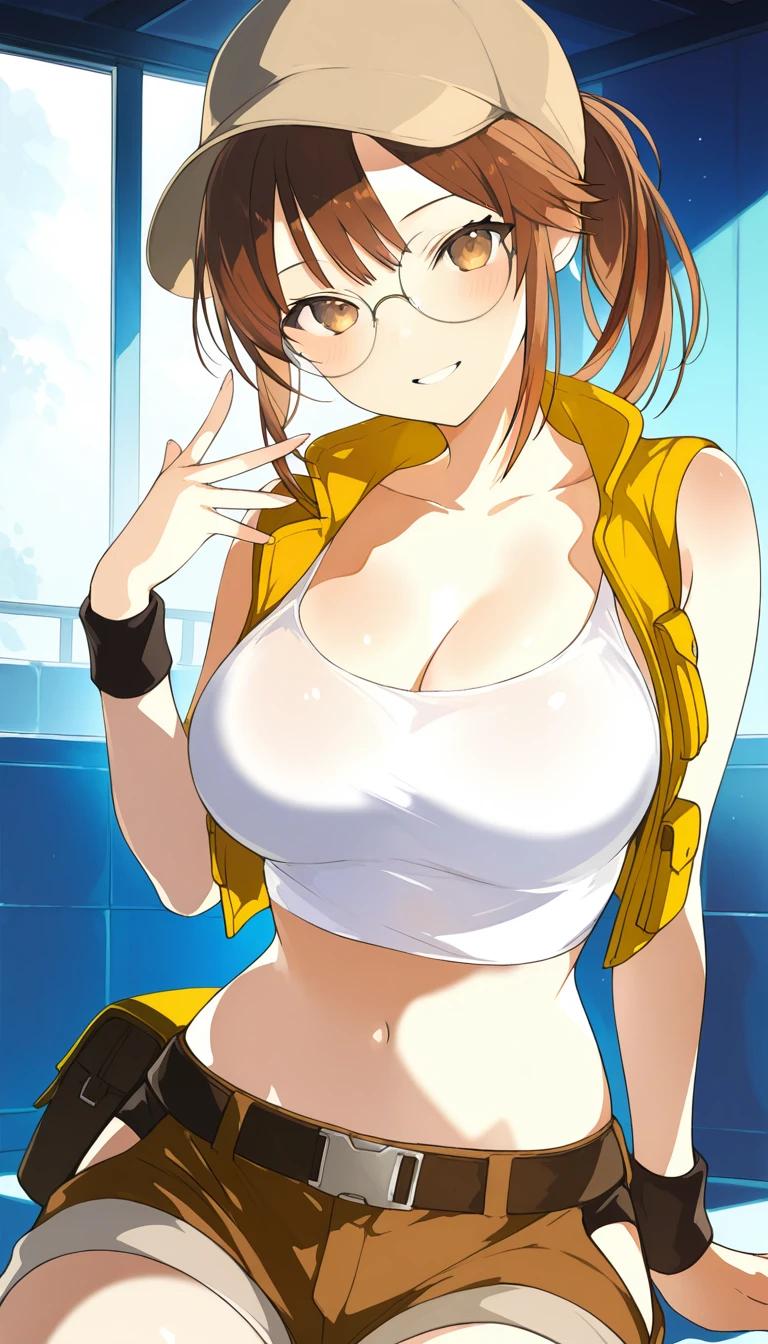 (masterpiece),best quality,amazing quality,very aesthetic,absurdres,newest,perfect body,shiny skin,perfect eyes,detail1eye,well-defined fingers,well-defined fingernails,anime style,indoors,1girl,solo,upper body,(portrait:1.5),looking at viewer,facing viewer,smile,blush,Lpip style,Fio Germi,baseball cap,brown headwear,beige hat,long hair,brown hair,ponytail,sidelocks,brown eyes,bangs,round eyewear,collarbone,cleavage,crop top,midriff,beige vest,tank top,large breasts,wristband,navel,belt,brown shorts,short shorts,shorts rolled up,hip vent,fanny pack,knee pads,boots,<lora:Fio Germi(ms)-Illus:1.8>,<lora:Lpip[style]-Illus:1.6>,