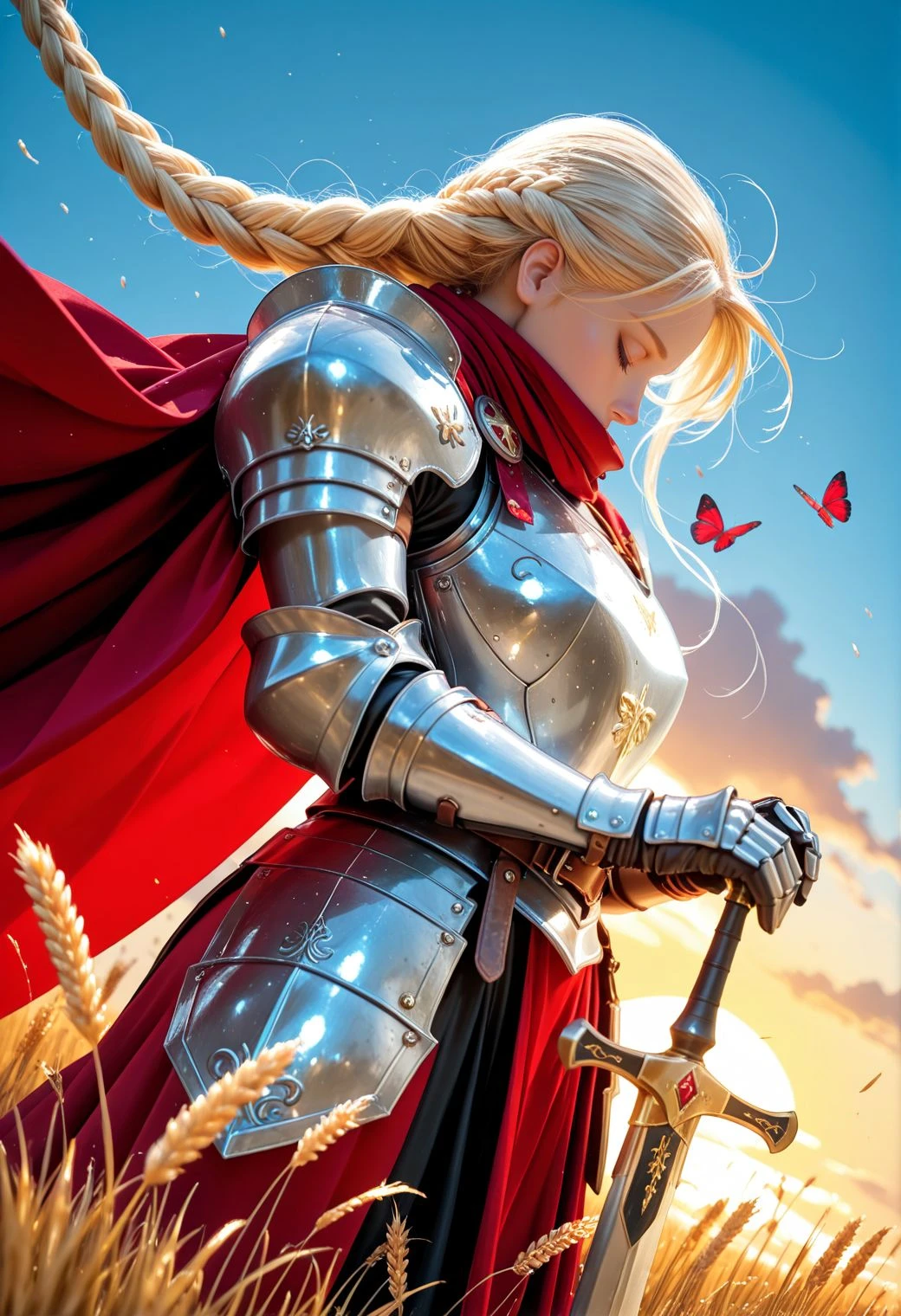 SmoothNoob_Quality, photorealistic, visible brushwork, strong linework,1girl, knight, very long blonde hair, thick braid, dynamic angle, profile, somber expression, looks down, closed eyes, wears worn metallic plate armor, long red cape, dramatic cape, covered mouth, pauldrons, breastplate, arm guards, red butterflies flying around, hands on the hilt, large sword, long sword, long wheats, wheat field, wind blowing, vibrant solid blue background, sunset, brushstroke effects, fragments floating, <lora:Smooth_Booster_v3:0.5>