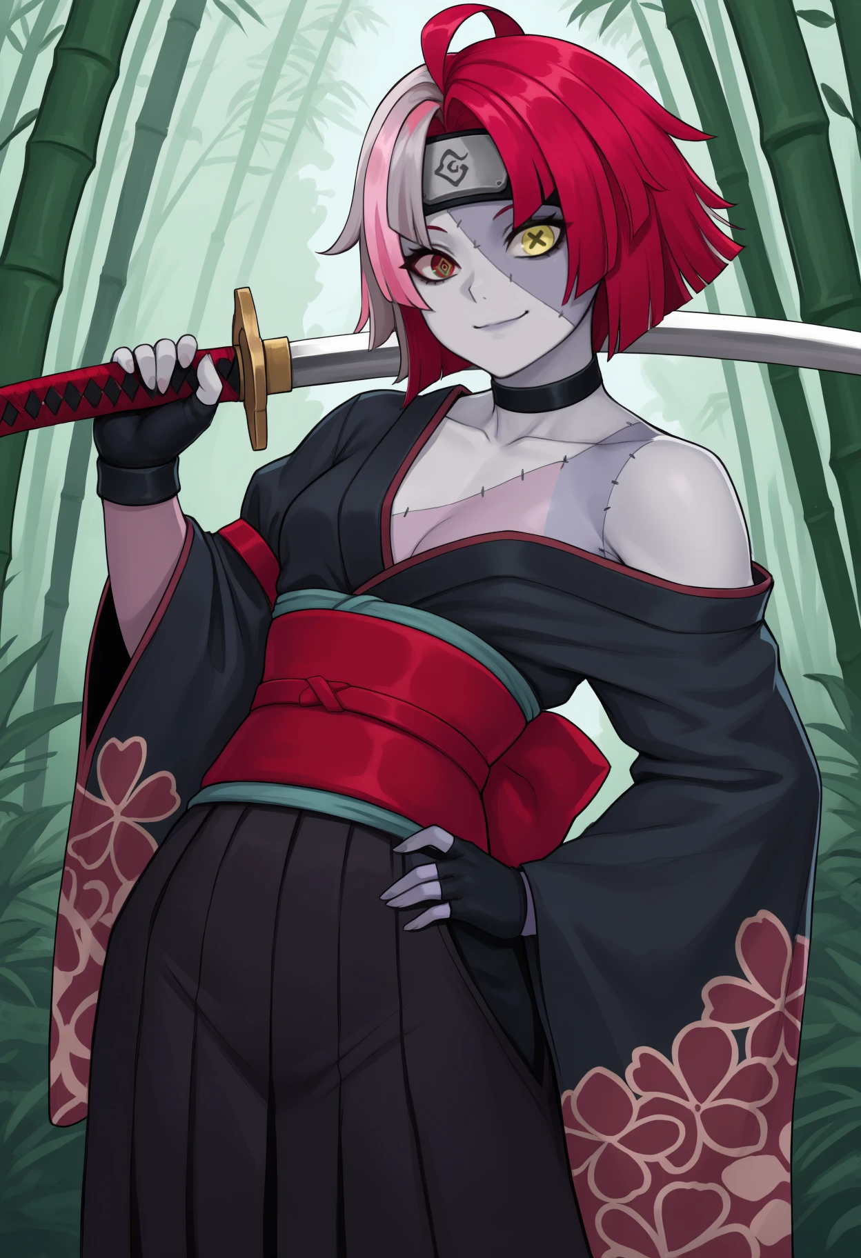masterpiece, best quality, newest, solo, 1girl, kur31jinewyr, zombie, two-tone skin, grey skin, patchwork skin, stitches, stitched face, stitched arm, smile, looking at viewer, standing, hand on own hip, holding sword, katana, weapon over shoulder, short hair, streaked hair, red hair, pink hair, grey hair, blunt ends, ahoge, forehead protector, heterochromia, gradient eyes, red eyes, green eyes, yellow eyes, mismatched pupils, diamond-shaped pupils, x-shaped pupils, black kimono, off shoulder, floral print kimono, arm strap, single sleeve, wide sleeves, fingerless gloves, sash, red belt, obi, black hakama, hakama pants, black choker, bare shoulders, outdoors, day, bamboo forest
<segment:yolo-Anzhc Face seg 640 v3 y11n.pt,0.4,0.6//cid=11>