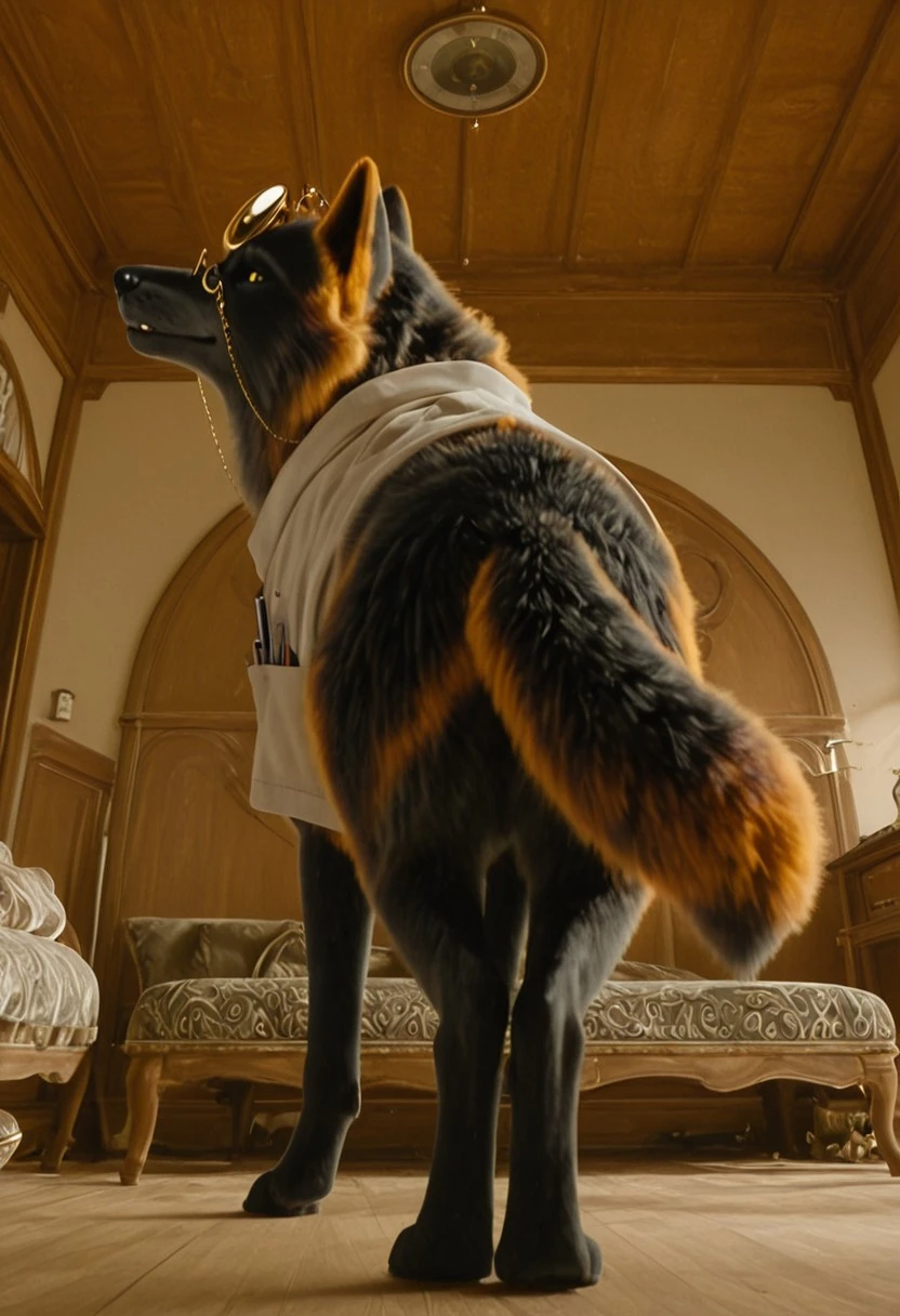 wolfdoc_wicked, 1girl, female black wolf, furry, feral, black and orange fur (white fur around muzzle), orange wolf ears, short orange hair, yellow eyes, black nose, black and orange tail, head mirror, golden glasses (glasses chain), white top (medical equipment on pockets),
score_8_up, score_7_up, BREAK, 1girl, solo, looking at viewer, cute, smiling, smug, from behind, rear view, low angle shot, looking back, female focus, looking at viewer, detailed background, 4k, masterpiece, best quality, highly detailed, 3d, full shot realistic, indoors,