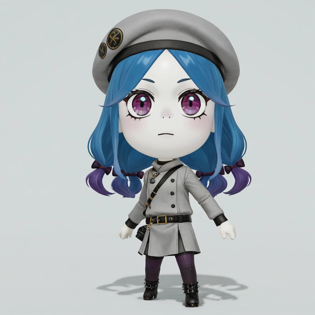 <lora:Miitopia_Miis:1> miitopiamii, 3d, chibi, 1girl, solo,  blue hair,  grey clothes,  dark purple eyes, pale skin,  bowknot_over_white_beret, spiked_hair,  Dancing pose