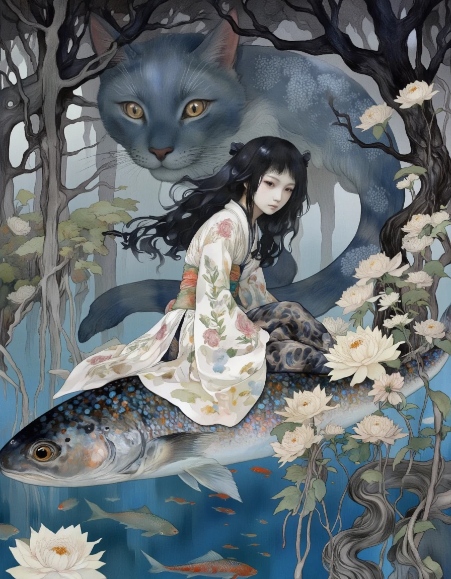 Art by Vvika. A digital illustration shoot from the side about a serene scene featuring a girl and a large cat surrounded by flowers and fish. the image also shows a girl sitting on a fish, with a serious expression on her face. on the middle of the image, a woman with long, dark hair appears to be in her early twenties, wearing a white dress with floral patterns. she is sitting on the fish's back, with her upper body facing the viewer. her eyes are looking directly at the viewer, and she has a closed mouth expression. her hair is styled in a long, flowing manner, and her hair color is black. her eye color is not specified, but her eye direction is looking to the side. her body is slim and she is wearing a traditional japanese outfit. the background features a blue-gray cat with large, expressive eyes, surrounded by a dense forest with trees and flowers, and small fish swimming around. the lighting is soft and diffused, creating a dreamy atmosphere.