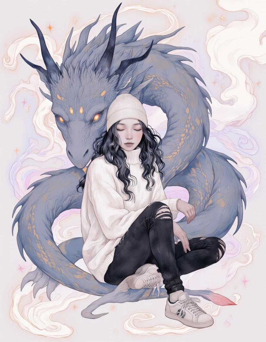 Art by Vvika. A digital illustration shoot from a bird's eye view about a serene scene featuring a girl and a dragon intertwined. the image also shows a mystical atmosphere. on the middle of the image, a 1girl, is sitting with her eyes closed, wearing a white beanie, a white oversized sweater, black ripped jeans, and white sneakers. she has long, wavy black hair and a peaceful expression on her face. the girl is facing the viewer and her eyes are closed. she is sitting on the ground with her legs crossed and her arms resting on her knees. the dragon, which is a large, blue-gray creature with sharp, pointed horns and glowing eyes, is positioned behind her. the background is a soft, pastel color with swirls and sparkles, and the overall style is whimsical and dreamlike.