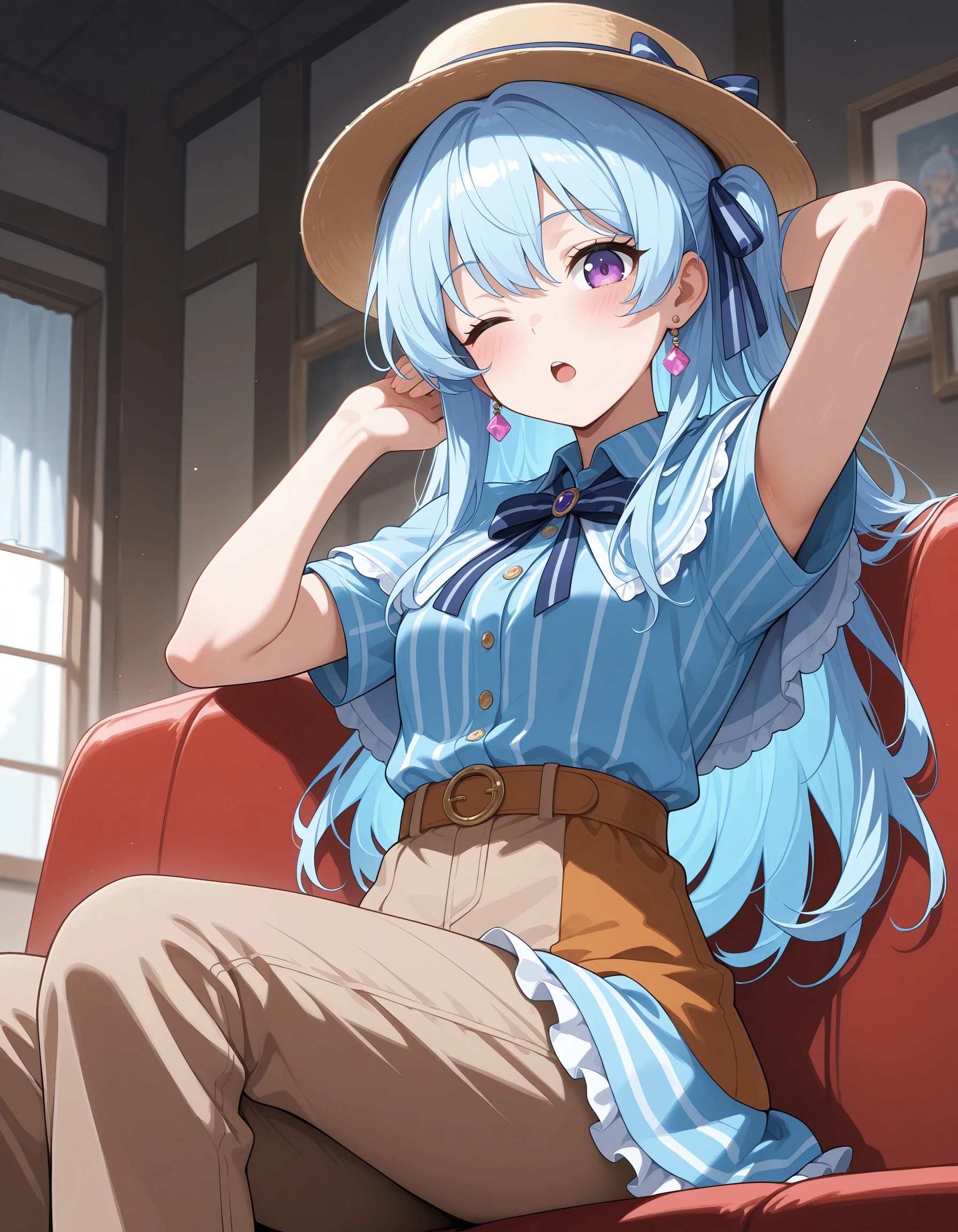 masterpiece,best quality,amazing quality,absurdres, light blue hair, purple eyes, long hair, kanonfuee, blue hair, one eye closed, open mouth, short sleeves, striped, bangs, brown pants, pants, arm behind head, earrings, jewelry, hat, shirt, blush, sitting, hair ribbon, ribbon, looking at viewer, skirt, frills, capelet, blue dress, <lora:9a62d4f8-1798-4e51-b906-c8abdeb43115:0.7>