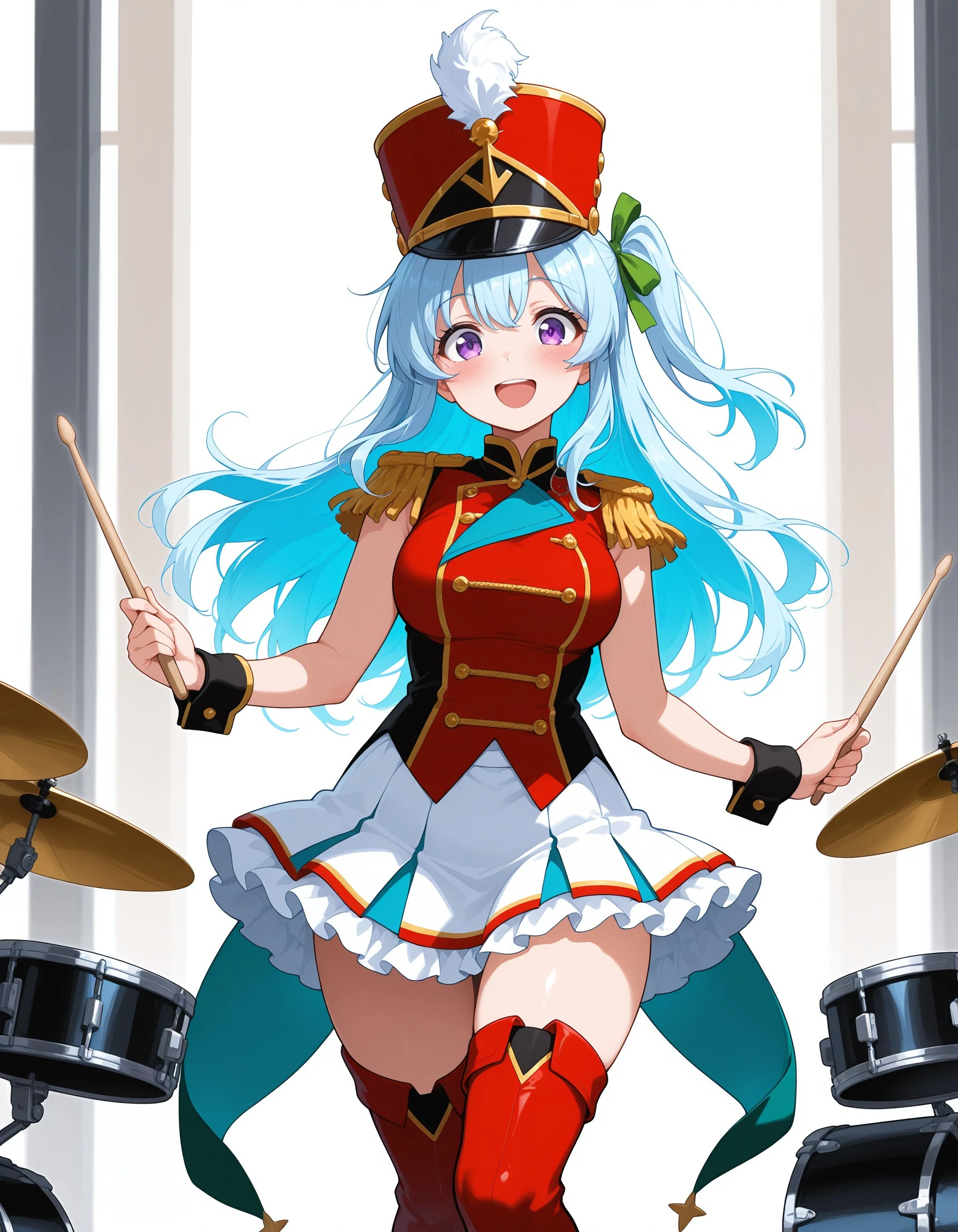 masterpiece,best quality,amazing quality,absurdres, light blue hair, purple eyes, long hair, kanonfuee, shako cap, skirt, blue hair, open mouth, one side up, wrist cuffs, hat, holding, white skirt, thighhighs, looking at viewer, green ribbon, frilled skirt, hair ribbon, boots, ribbon, thigh boots, band uniform, drumsticks, epaulettes, frills, bangs, smile, blush, cosplay, :d, red footwear, <lora:9a62d4f8-1798-4e51-b906-c8abdeb43115:0.7>