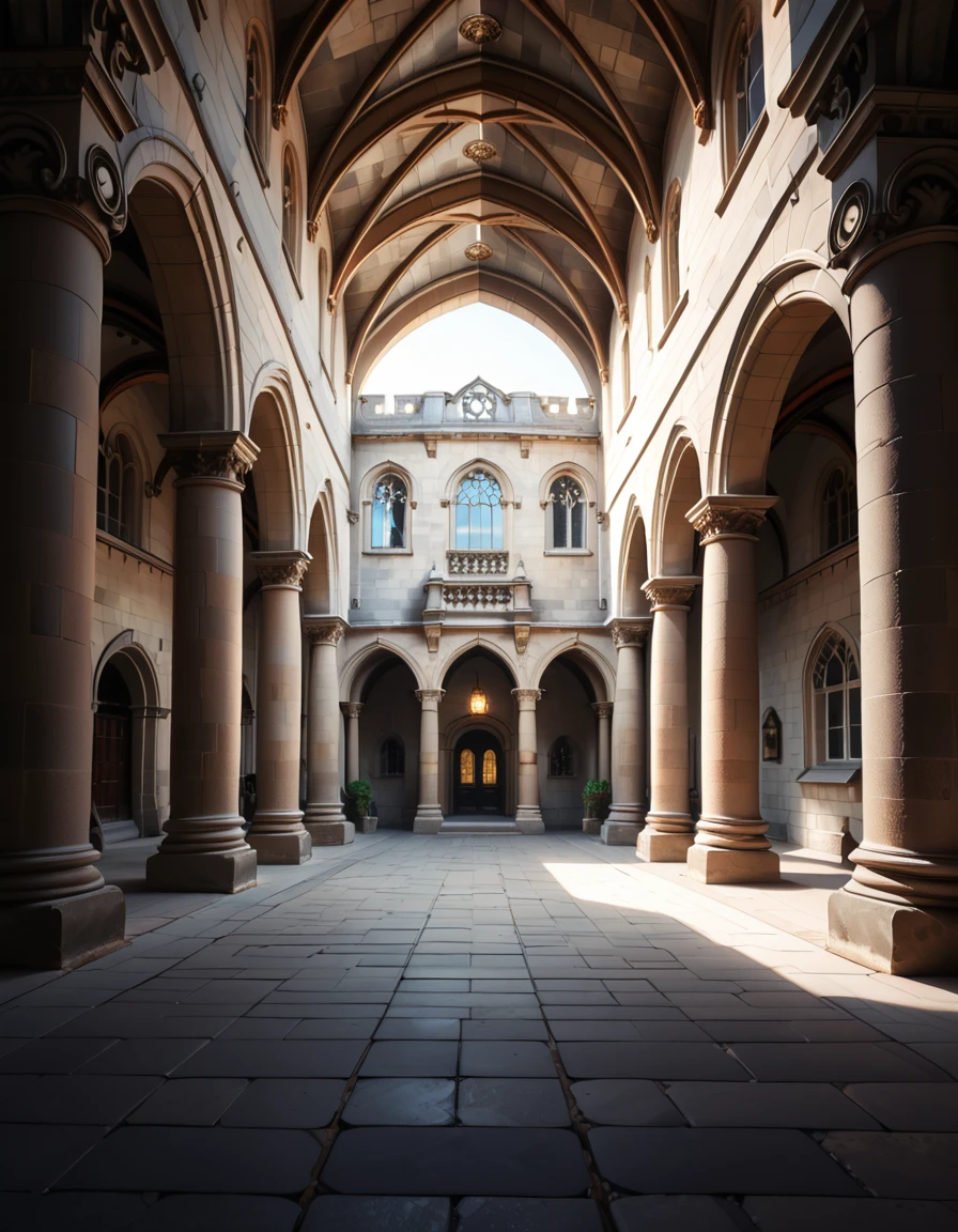 A historical courtyard framed by tall, arched stone arcades with detailed columns and aged masonry. The architecture is reminiscent of a Gothic or medieval European style, with weathered beige and grey stones. The ground is paved with large rectangular stone tiles, slightly uneven and textured with age. Soft natural daylight illuminates the courtyard, casting gentle shadows under the arches. The space feels both grand and enclosed, evoking the atmosphere of an ancient university or magical institution,historical c0urty4rd, <lora:historical_c0urty4rd-p:1>,score_9, score_8_up, score_7_up,amazing quality, ultra realistic, 3D, HD, best quality, amazing quality, very aesthetic, absurdres
