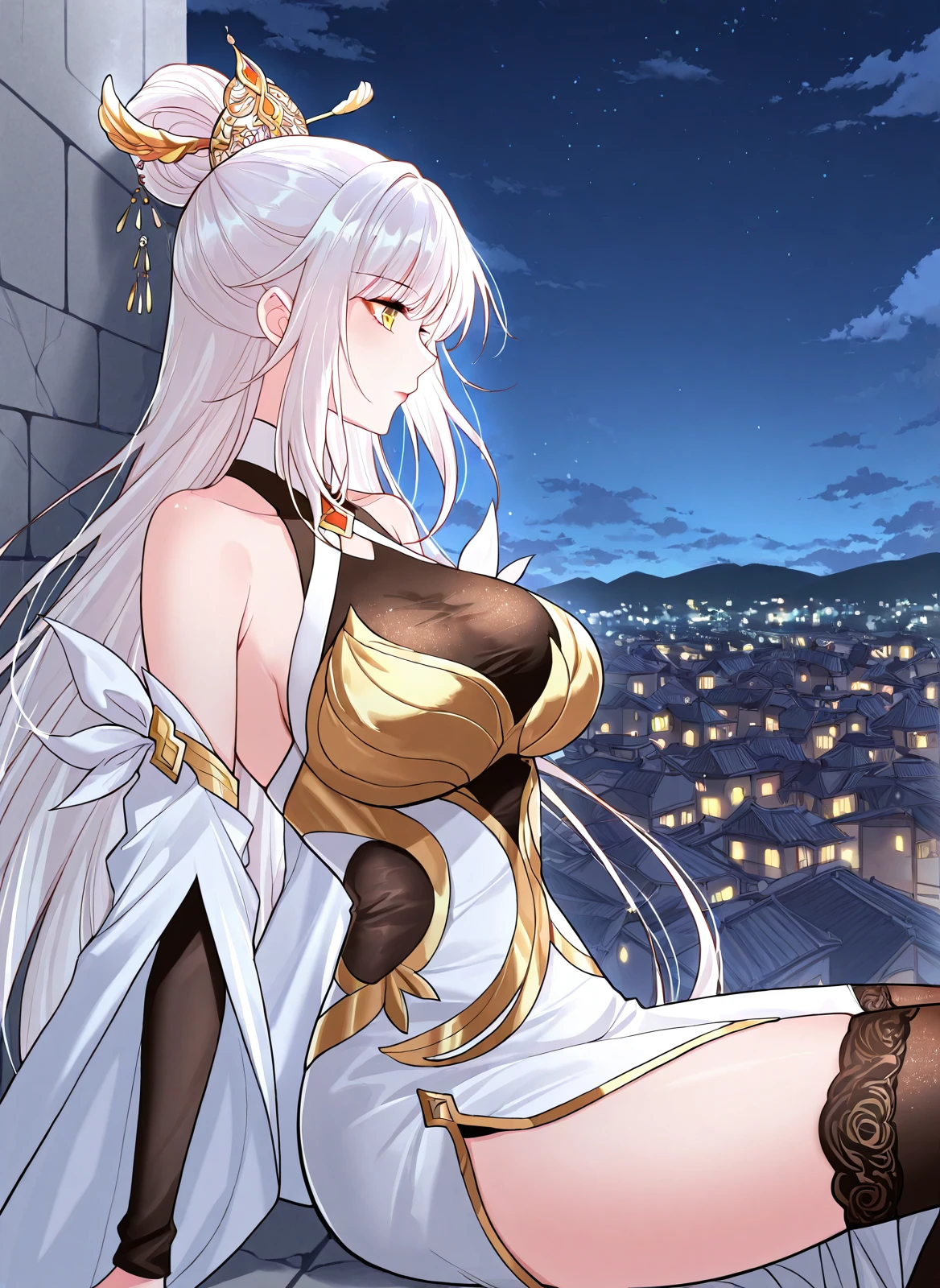 (Masterpiece, 4K resolution, ultra-realistic, highly detailed), (White costume superhero theme, charismatic, girl on top of the city, wearing white Spider-Man costume, superheroine), [((23 years old), (long white hair:1.2), full-body, (blue eyes:1.2), (Spider-Man dynamic poses) ((gritty urban environment):0.8)| (urban landscape, nighttime, dynamic lights), (full moon))], (nsfw:1.5)