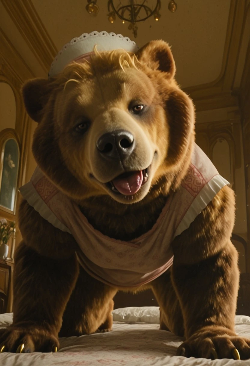 dulcibear_wicked, 1girl, furry, female brown bear, brown and golden fur (light golden fur on face), bear ears, short golden hair, brown eyes, black nose, golden claws, white maid headwear, pink top (small flowers patterns, short white sleeves), bottomless, plump, bulk, flat chest,
score_9_up, score_8_up, score_7_up, BREAK, 1girl, solo, from below, head tilt, horny, crawling toward viewer, on all fours, saliva, tongue out, looking at viewer, detailed background, sky, masterpiece, best quality, 8k, Expressiveh, realistic, 3d, indoors,