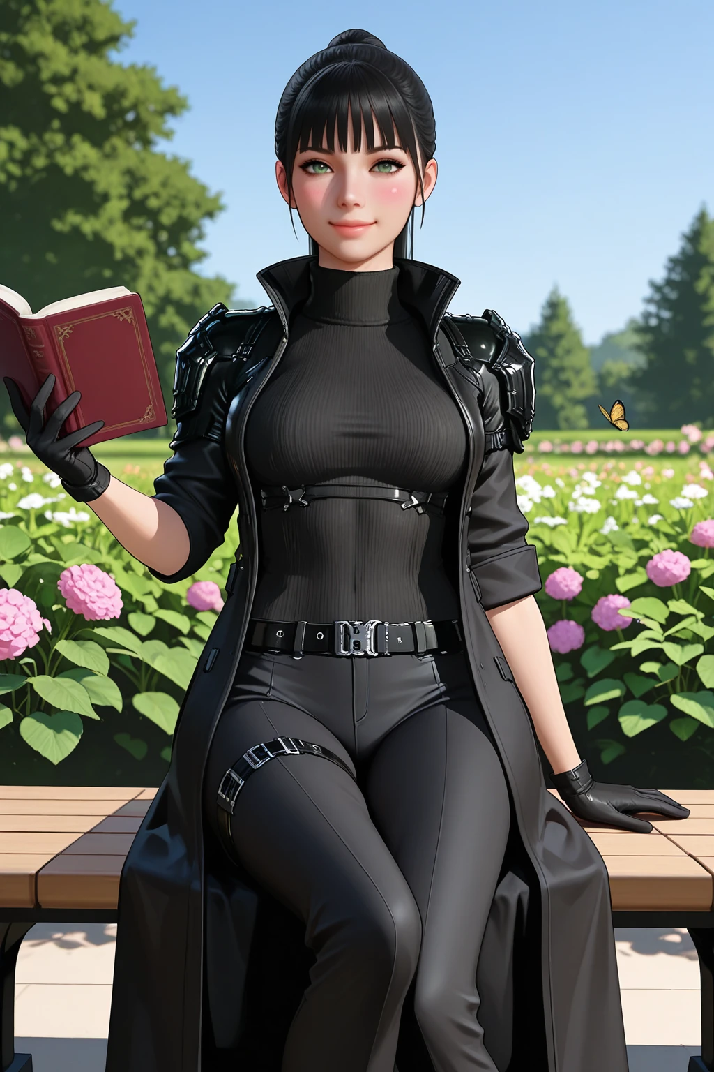 masterpiece, good quality, best quality, very awa, very as2, absurdres, highres, 3d, realistic,
<lora:NelltfdilluLora:1>Nell, bangs, ponytail, black hair, green eyes, high collar, turtleneck, sweater, long coat, shoulder armor, sleeves rolled up, belt, black gloves, black pants, thigh strap, high heel boots, sitting on a bench, garden, butterfly, smile, blush, holding open book, blue sky