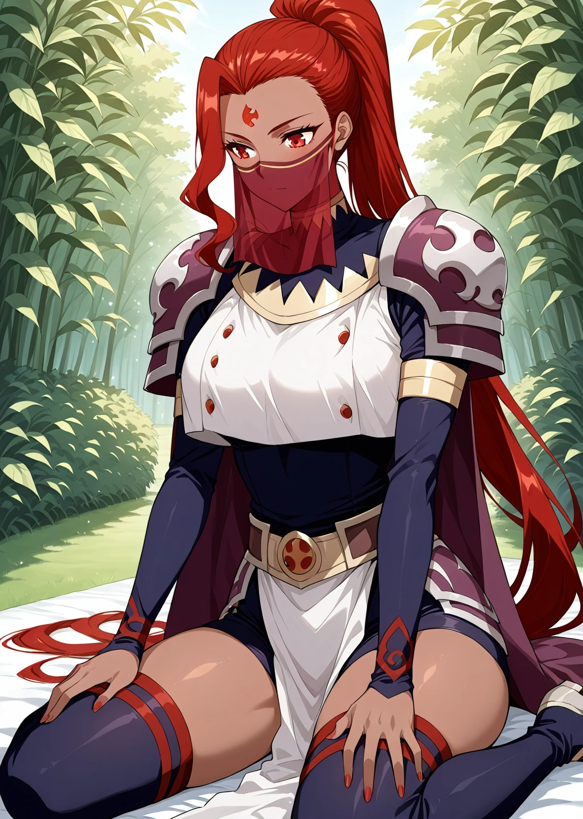 a beautiful and detailed image of meru , merunyaa,(red skin:1.3), horns,clothed,(freckles), flowing white dress,backlighting, field of flowers, holding flower, flower hair accessory, yellow eyes,smile, clouds,in front, alone, pants, medium breast,, knife holding, cloak, cape, walking, pants, solo, flip flops boots