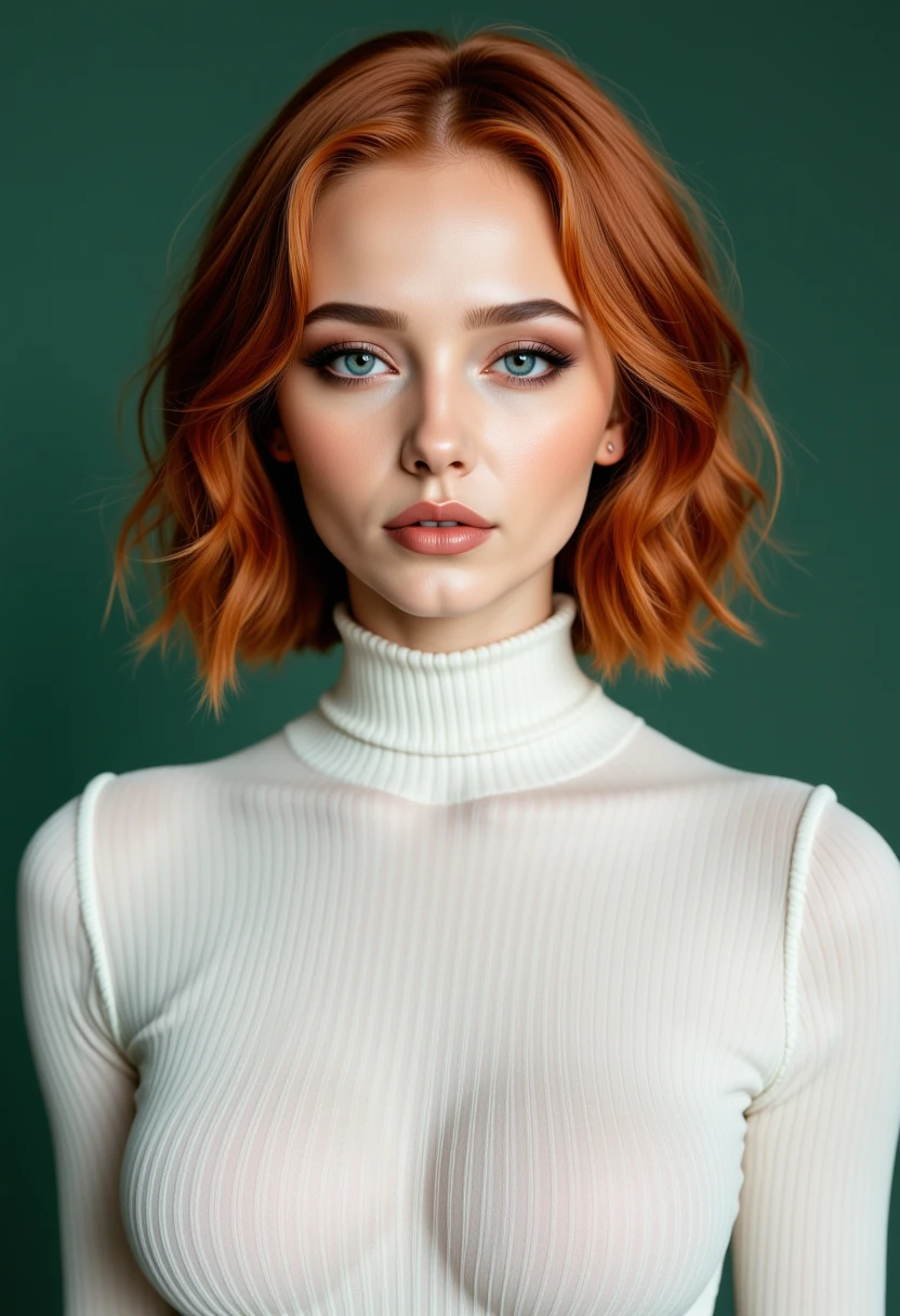 Headshots,a digital painting of a beautiful woman,Hyperrealistic, she is smiling, dynamic angles, multiple angles, photoshoot poses; A photo of Readhead 5, a woman with red hair, she has massive breasts, a beautiful girl,she is wearing a white turtleneck sweater.she has massive breasts, she has piercing eyes. a dynamic pose and a sense of action. simple green background, and the lighting is soft, creating a dramatic effect, creating a focused and dynamic pose.; the scene is set in a beautiful well-lit environment, with a sense of action and adventure. Style: realistic hyper-detailed rendering, 32k UHD, expressive eyes, punk, graphic design, girl's face, pretty and cute, gleaming lips, telling a tale of adventure. Exuding confidence and serenity. The overall mood of the image is happy and relaxed, detailed skin texture,(blush:0.2),(goosebumps:0.3), subsurface scattering,with a playful and whimsical tone,aidmafluxpro1.1, perfection style,