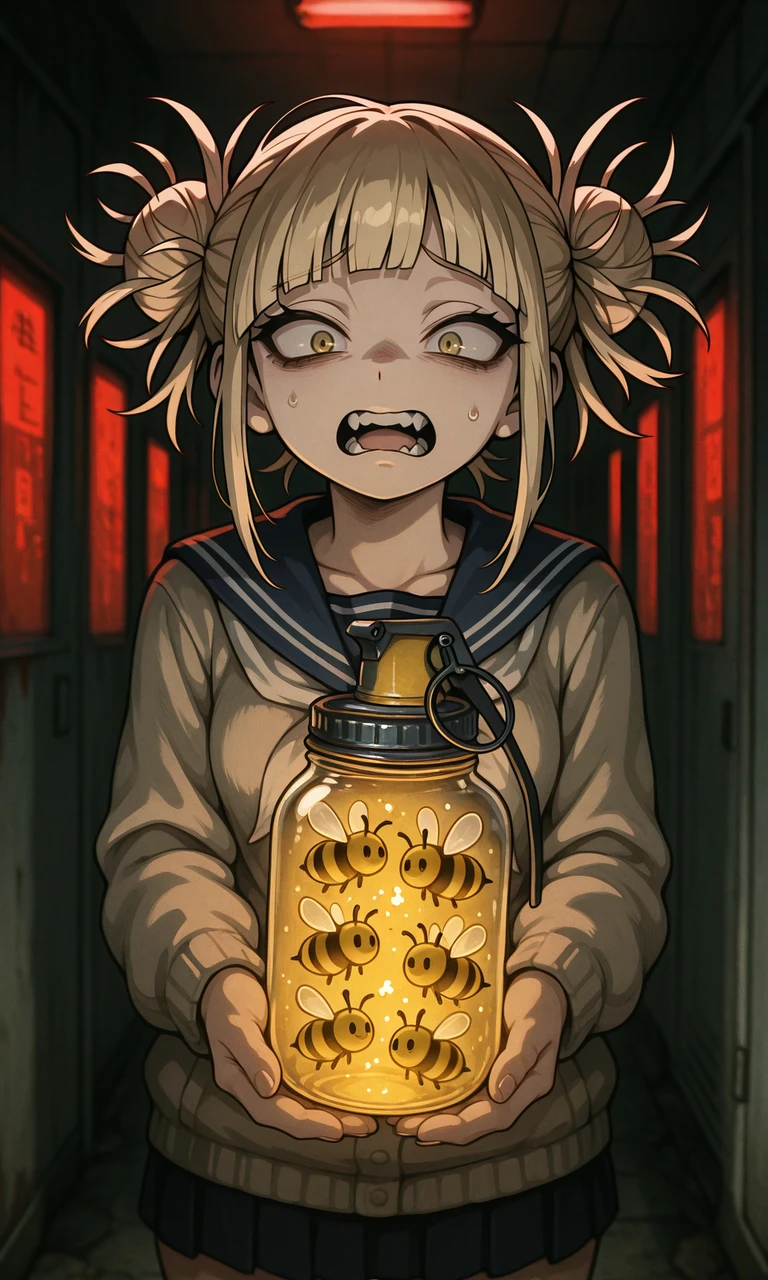 embedding:IllusP0s, bee grenade jar, holding, scared, 1girl, contrast lighting, dramatic, toga himiko<lora:bee grenade jar_illustrious.safetensors:1.0:1.0>