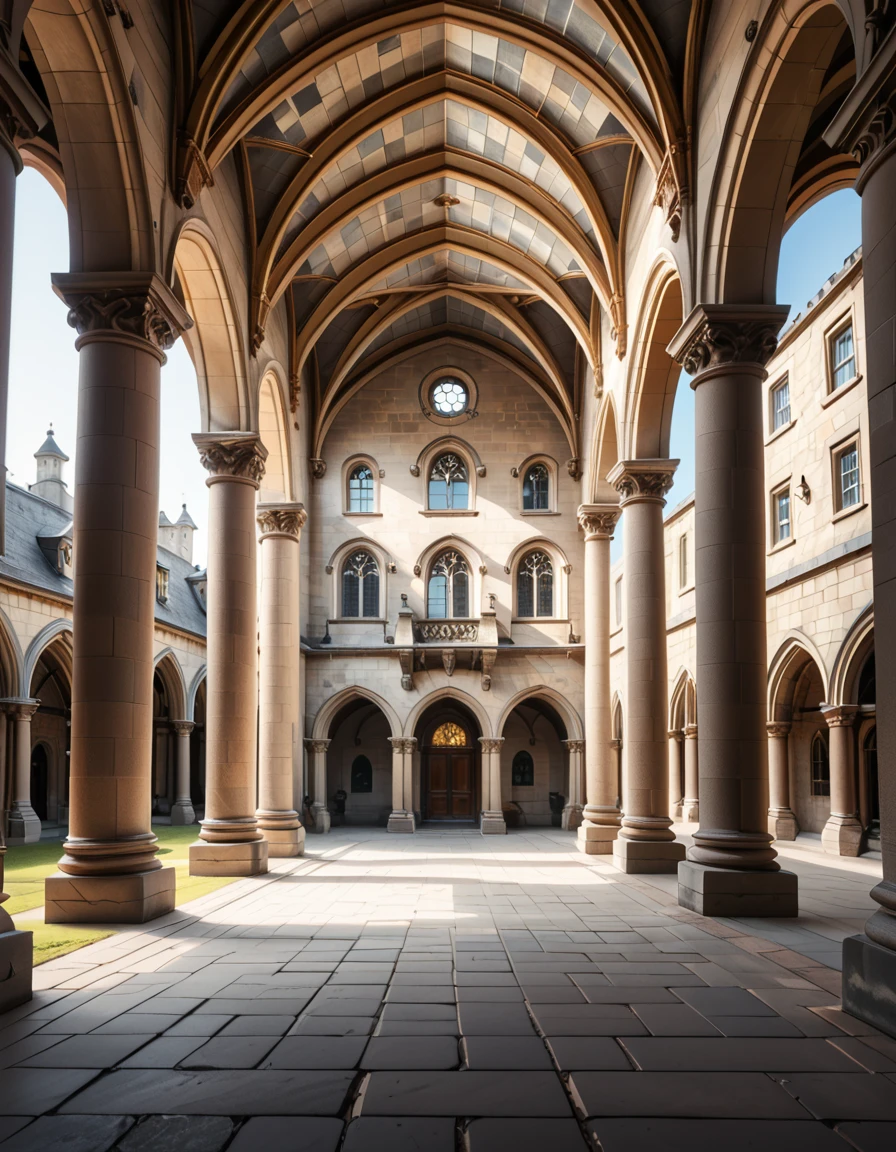 A historical courtyard framed by tall, arched stone arcades with detailed columns and aged masonry. The architecture is reminiscent of a Gothic or medieval European style, with weathered beige and grey stones. The ground is paved with large rectangular stone tiles, slightly uneven and textured with age. Soft natural daylight illuminates the courtyard, casting gentle shadows under the arches. The space feels both grand and enclosed, evoking the atmosphere of an ancient university or magical institution,historical c0urty4rd, <lora:historical_c0urty4rd-p:1>,score_9, score_8_up, score_7_up,amazing quality, ultra realistic, 3D, HD, best quality, amazing quality, very aesthetic, absurdres